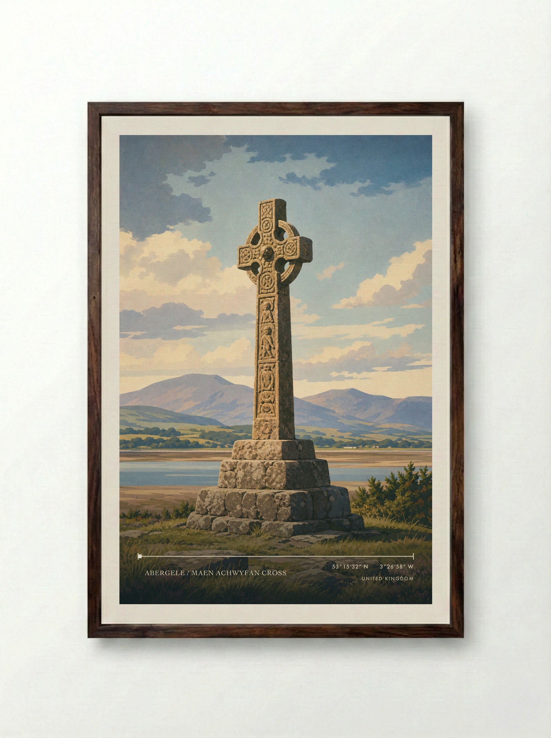 Abergele / Maen Achwyfan Cross United Kingdom Travel Poster - Framed Print Dark Wood
