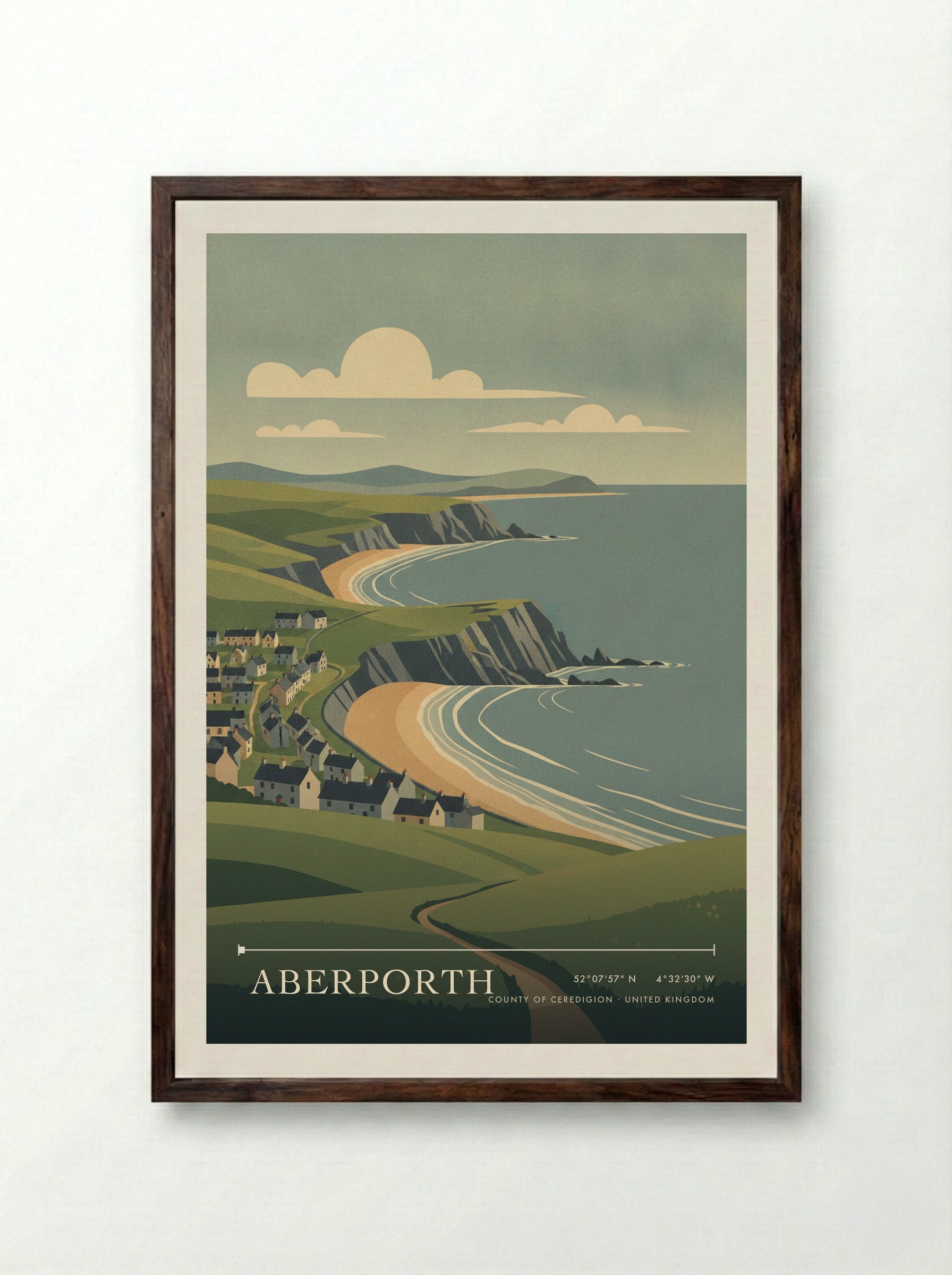 Aberporth County of Ceredigion United Kingdom Travel Poster - Framed Print Dark Wood
