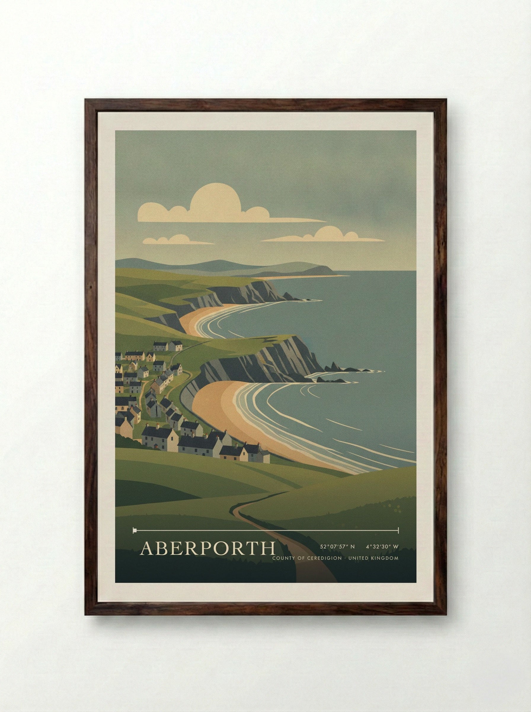 Aberporth County of Ceredigion United Kingdom Travel Poster - Framed Print Dark Wood