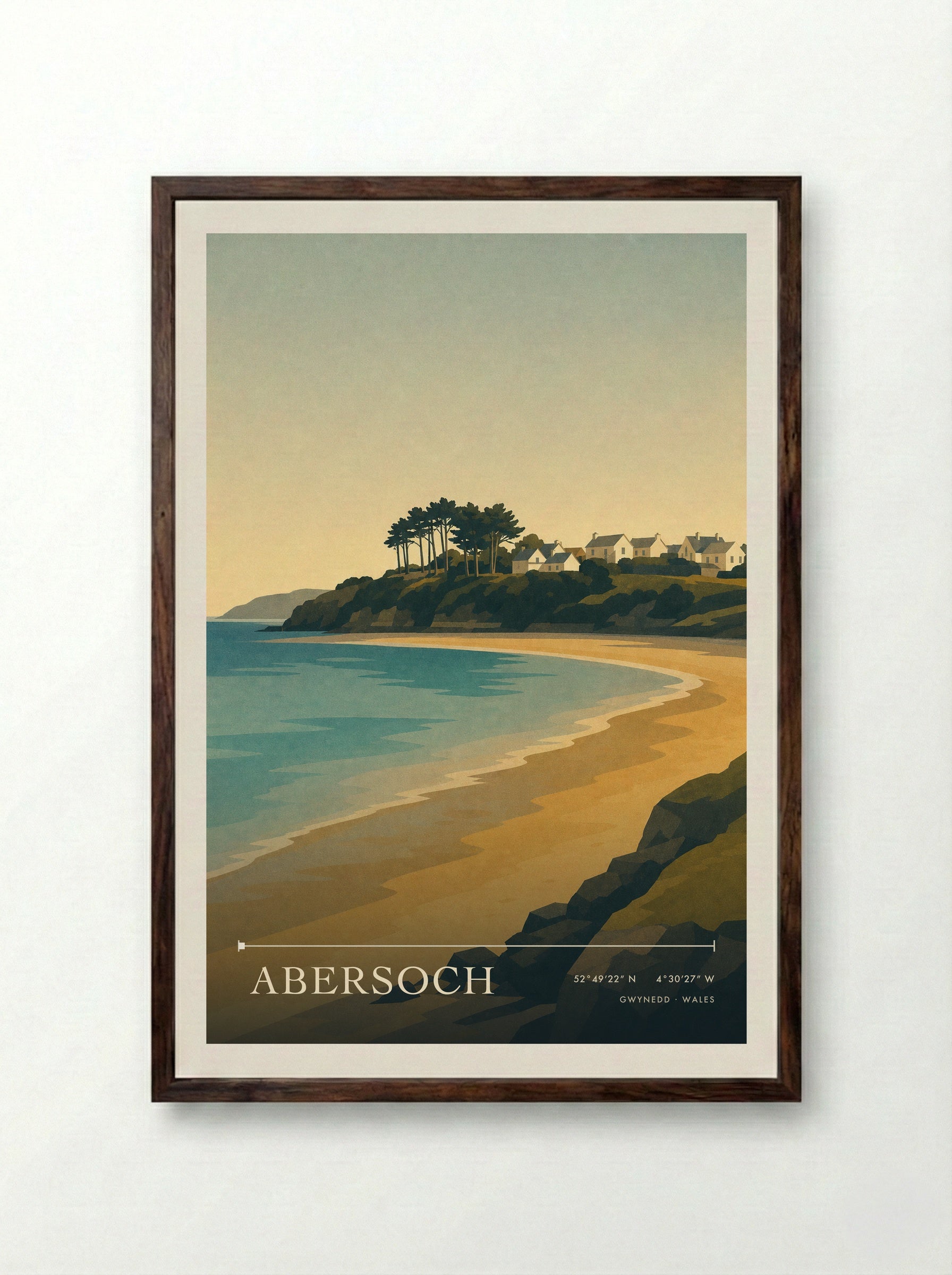 Abersoch Travel Poster Artwork - Framed Print Dark Wood