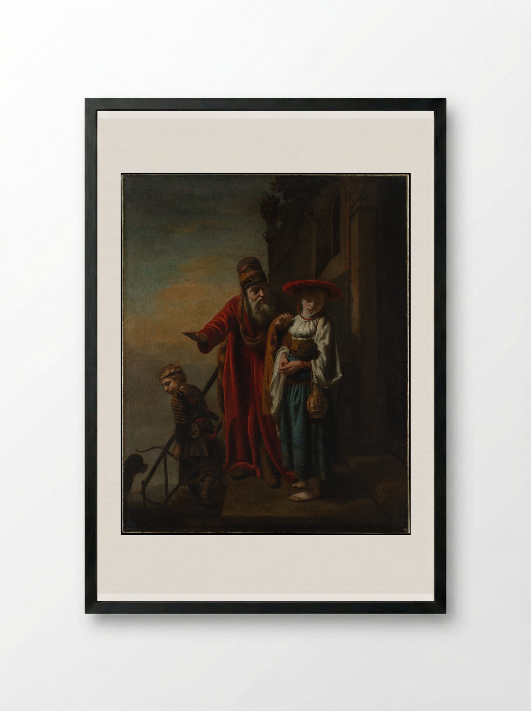 Abraham Dismissing Hagar and Ishmael - Nicolaes Maes - Framed Print Black