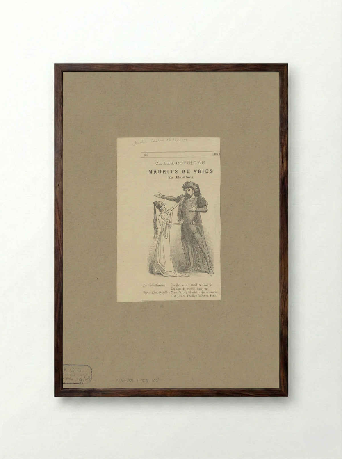 Abraham Prikkie als Ophelia en Maurits de Vries als Hamlet - Hendrik Jan Carel Linse - Framed Print Dark Wood