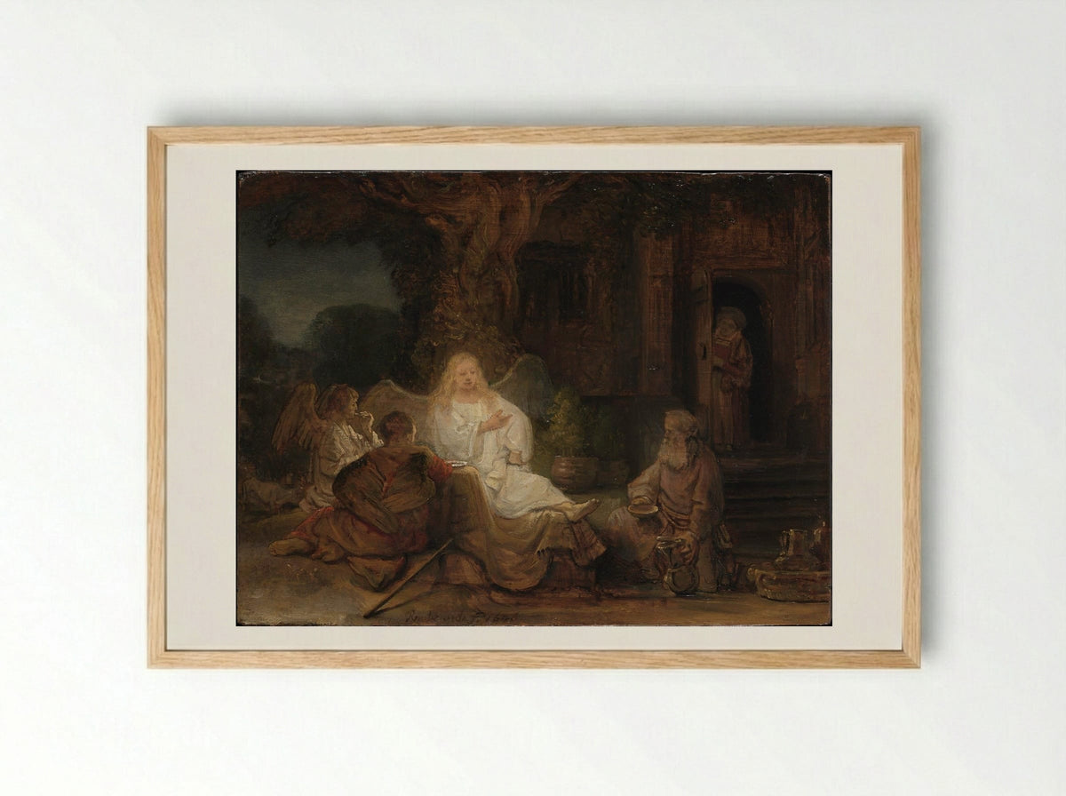 Abraham Receives the Three Angels - Rembrandt van Rijn - Framed Print Wood