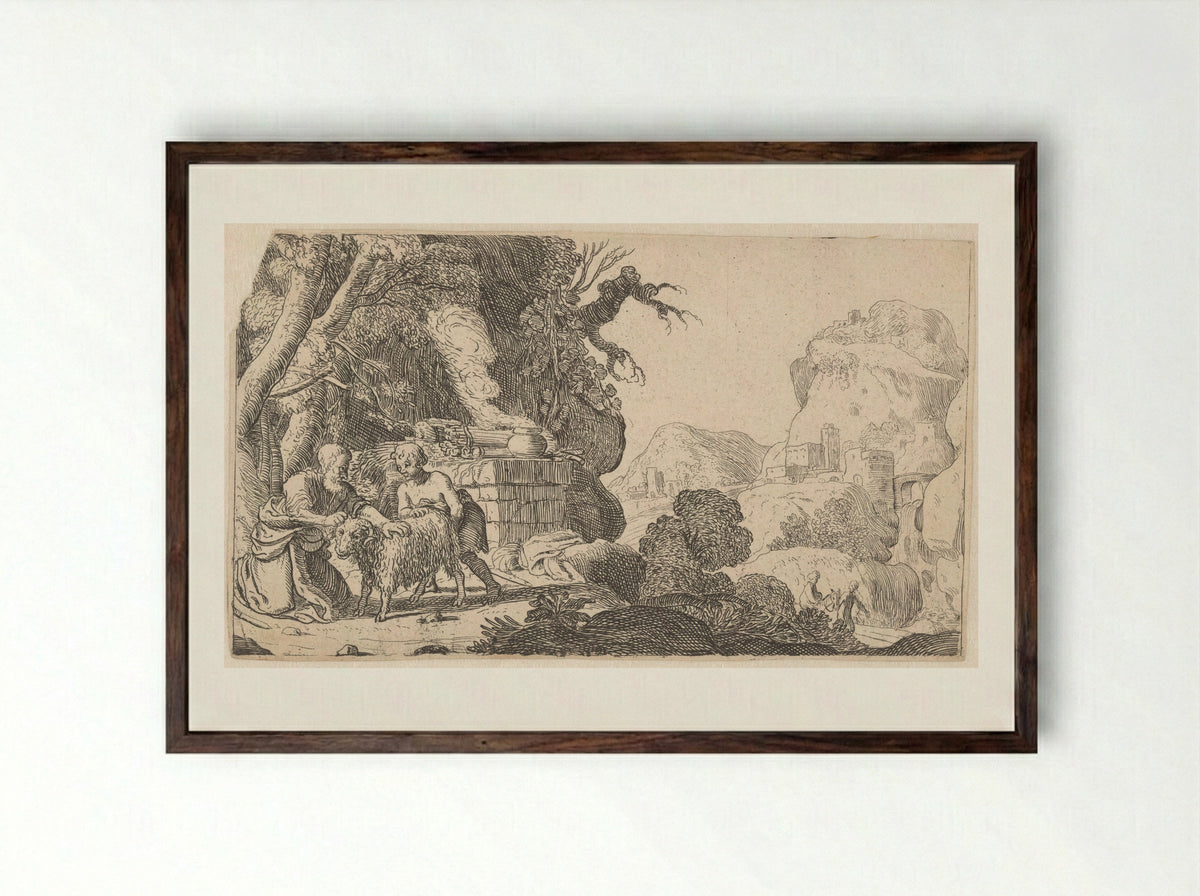 Abraham and Isaac with the Sacrificial Ram - Nicolaes Moeyaert - Framed Print Dark Wood