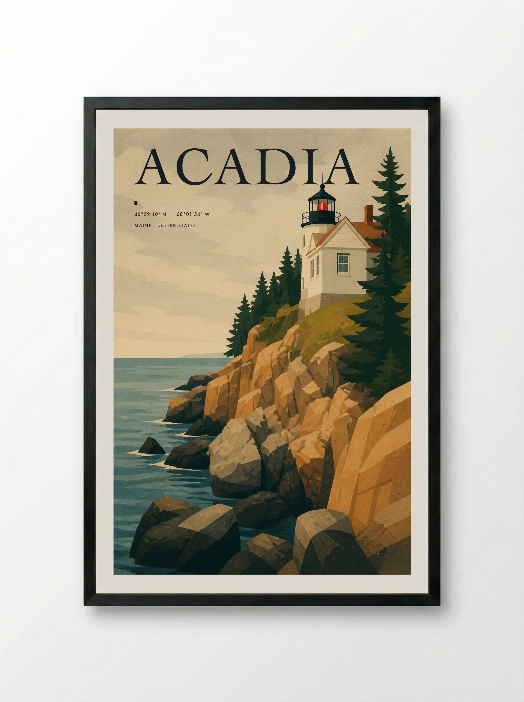 Acadia Travel Poster Artwork - Framed Print Black