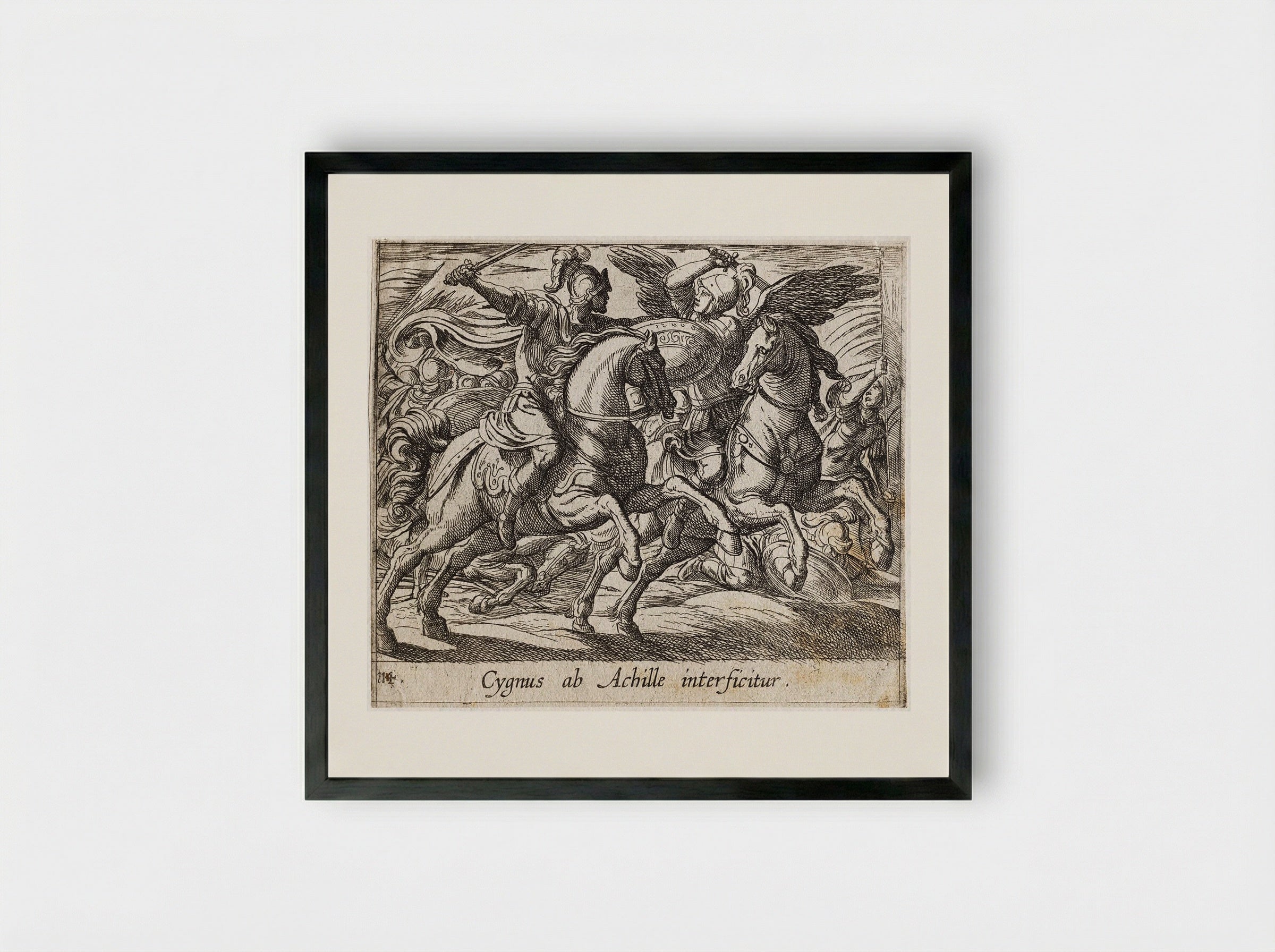 Achilles Battling Cygnus - Antonio Tempesta - Framed Print Black