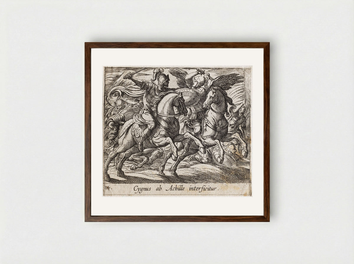 Achilles Battling Cygnus - Antonio Tempesta - Framed Print Dark Wood
