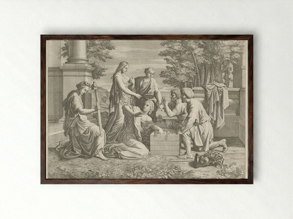 Achilles Discovered Among the Daughters of Lycomedes - Pietro del Po - Framed Print Dark Wood