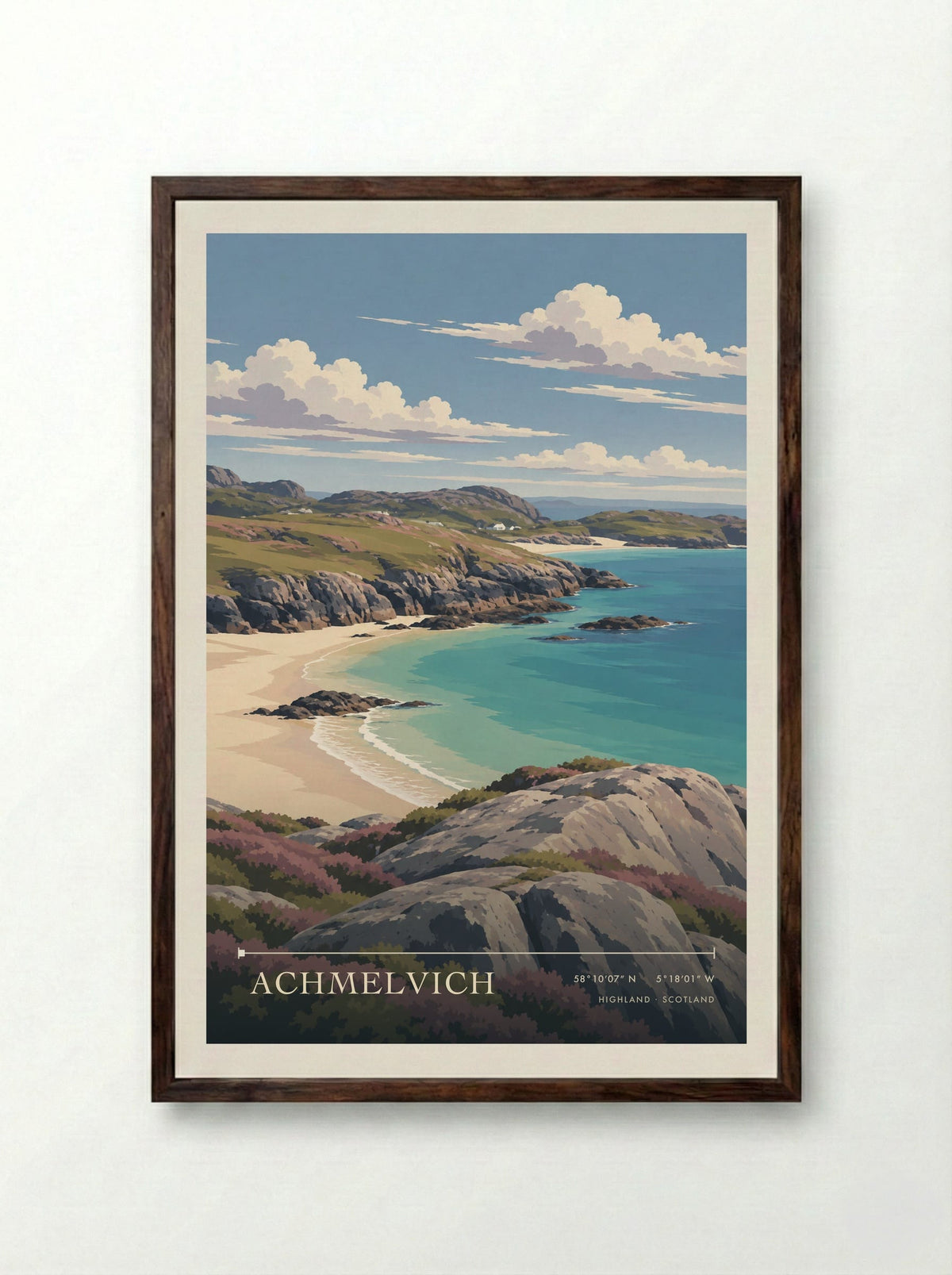 Achmelvich, Highland | Travel Poster - Framed Print Dark Wood