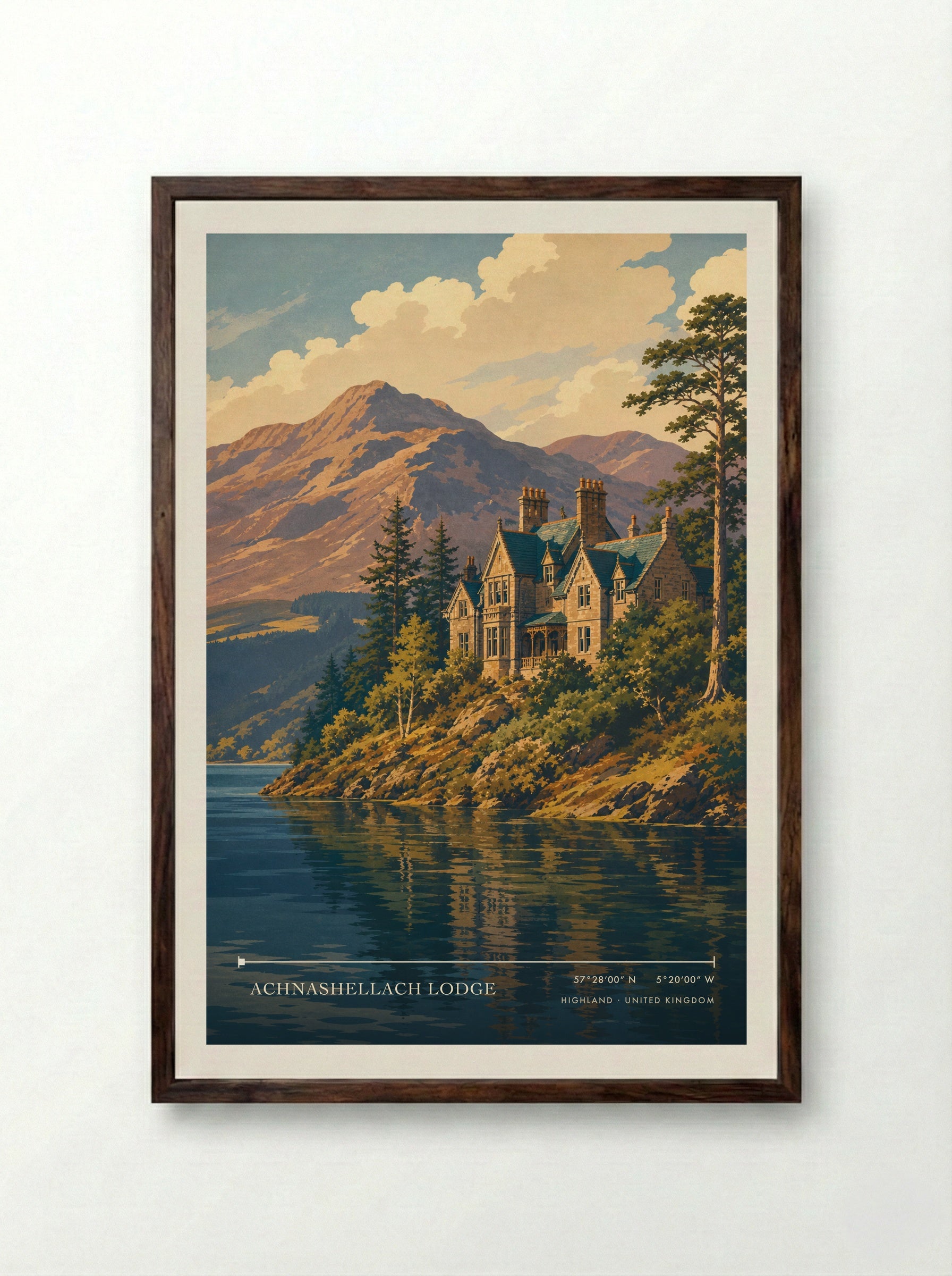 Achnashellach Lodge Highland United Kingdom Travel Poster - Framed Print Dark Wood