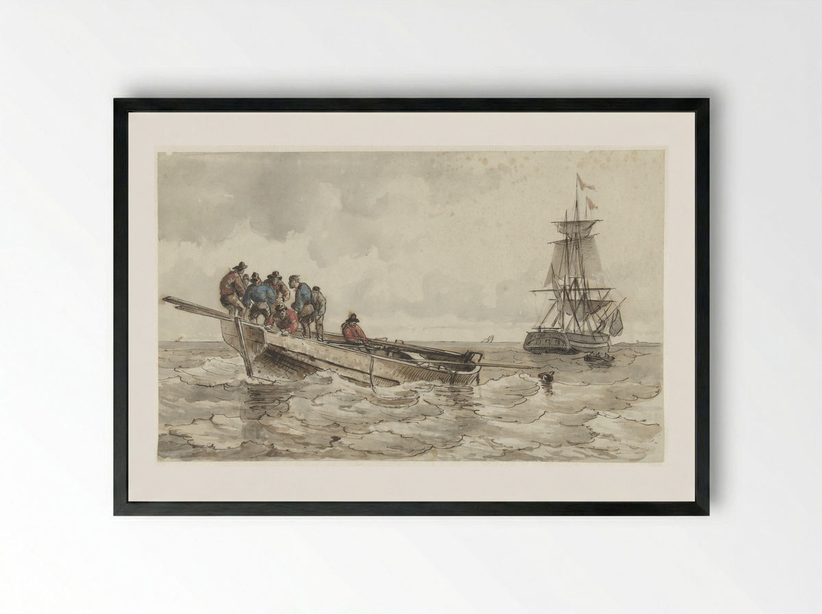 Acht mannen in een roeiboot bij een zeilschip - Frans Arnold Breuhaus de Groot - Framed Print Black