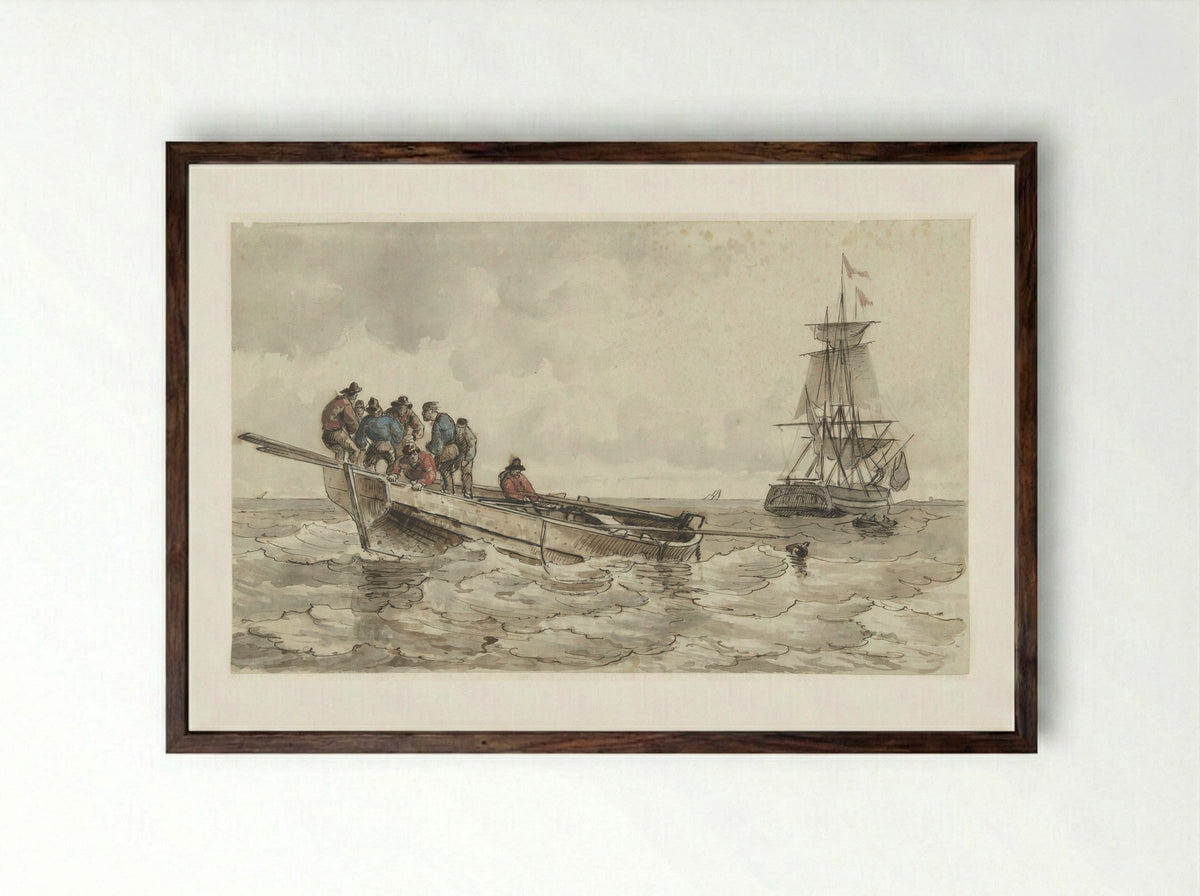 Acht mannen in een roeiboot bij een zeilschip - Frans Arnold Breuhaus de Groot - Framed Print Dark Wood