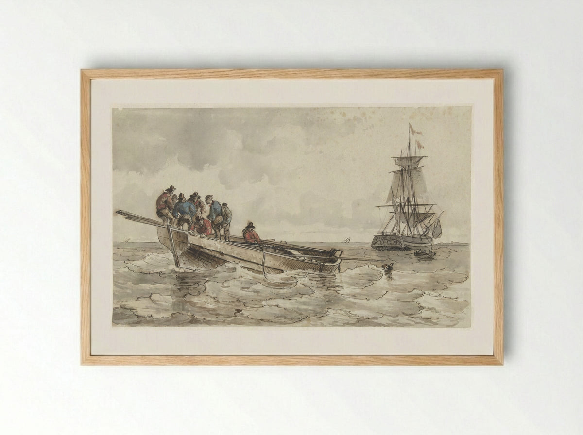Acht mannen in een roeiboot bij een zeilschip - Frans Arnold Breuhaus de Groot - Framed Print Wood