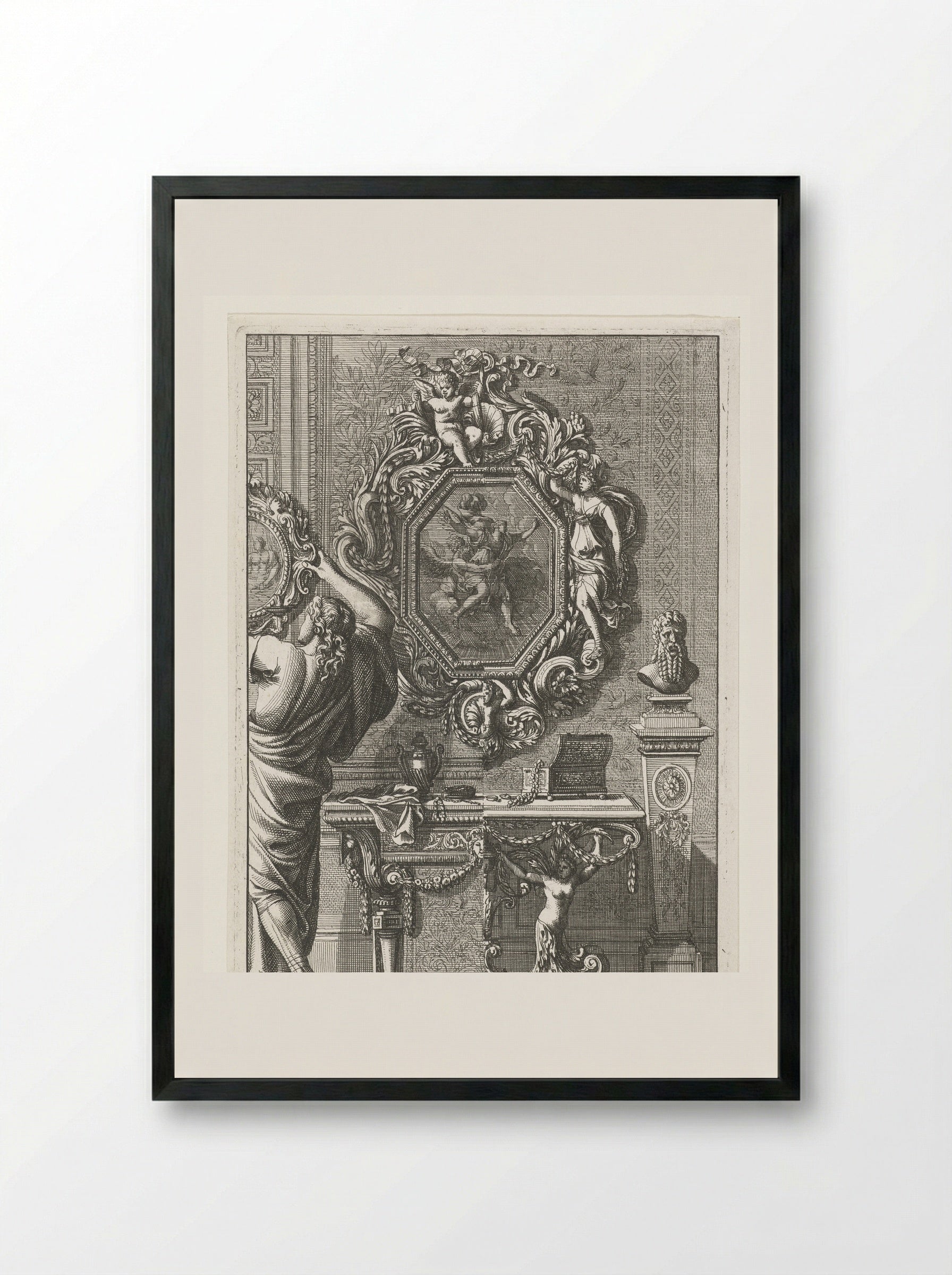 Achthoekige spiegel (Octagonal Mirror) - Jean Lepautre - Framed Print Black