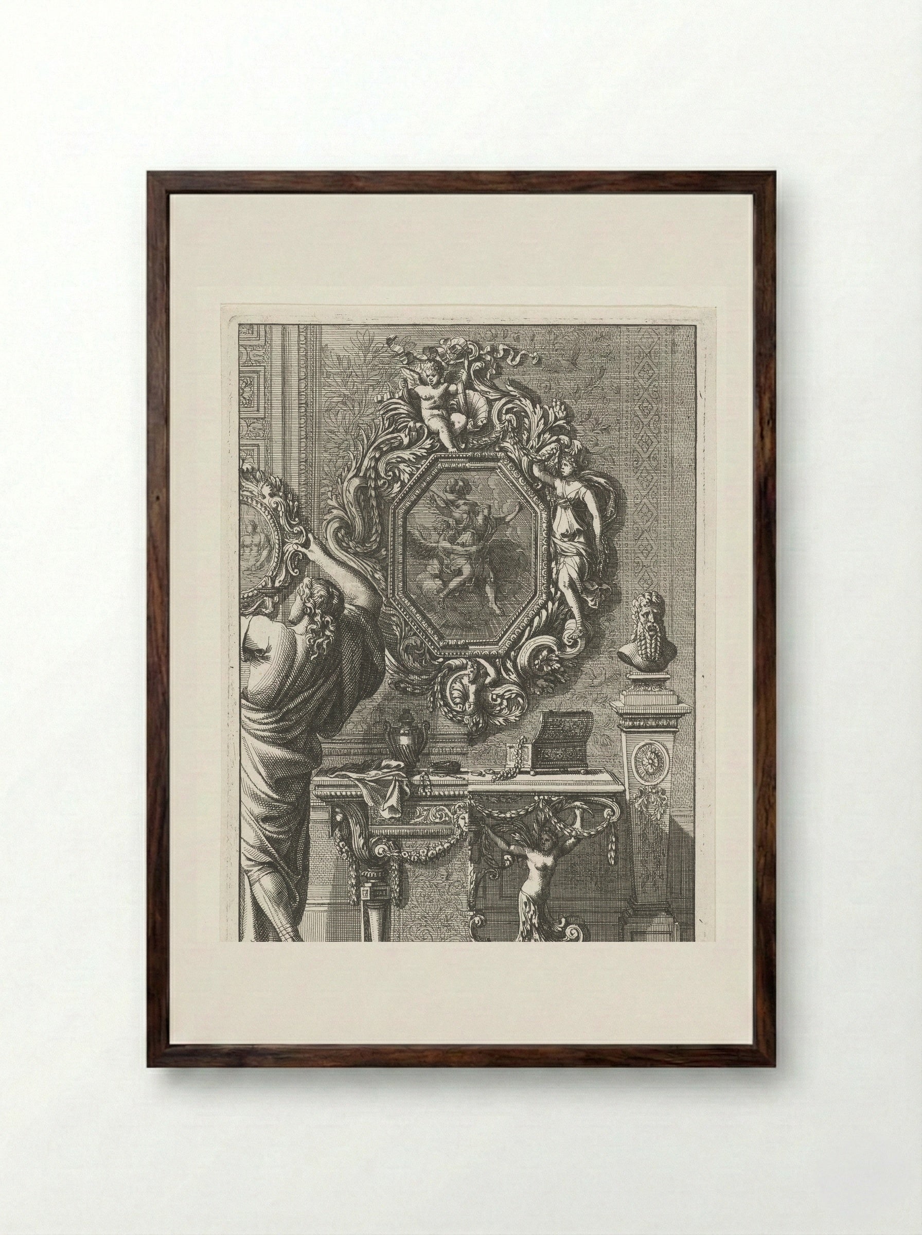 Achthoekige spiegel (Octagonal Mirror) - Jean Lepautre - Framed Print Dark Wood