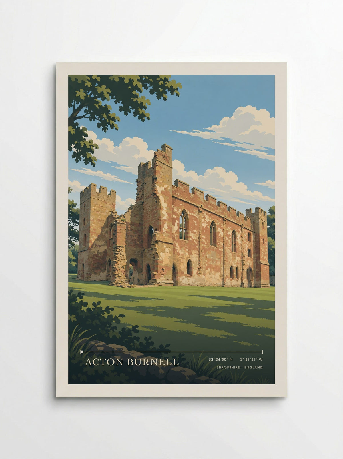 Acton Burnell, Shropshire travel poster: red sandstone manor walls, pointed traceried windows and corner towers above a tree-shaded green lawn