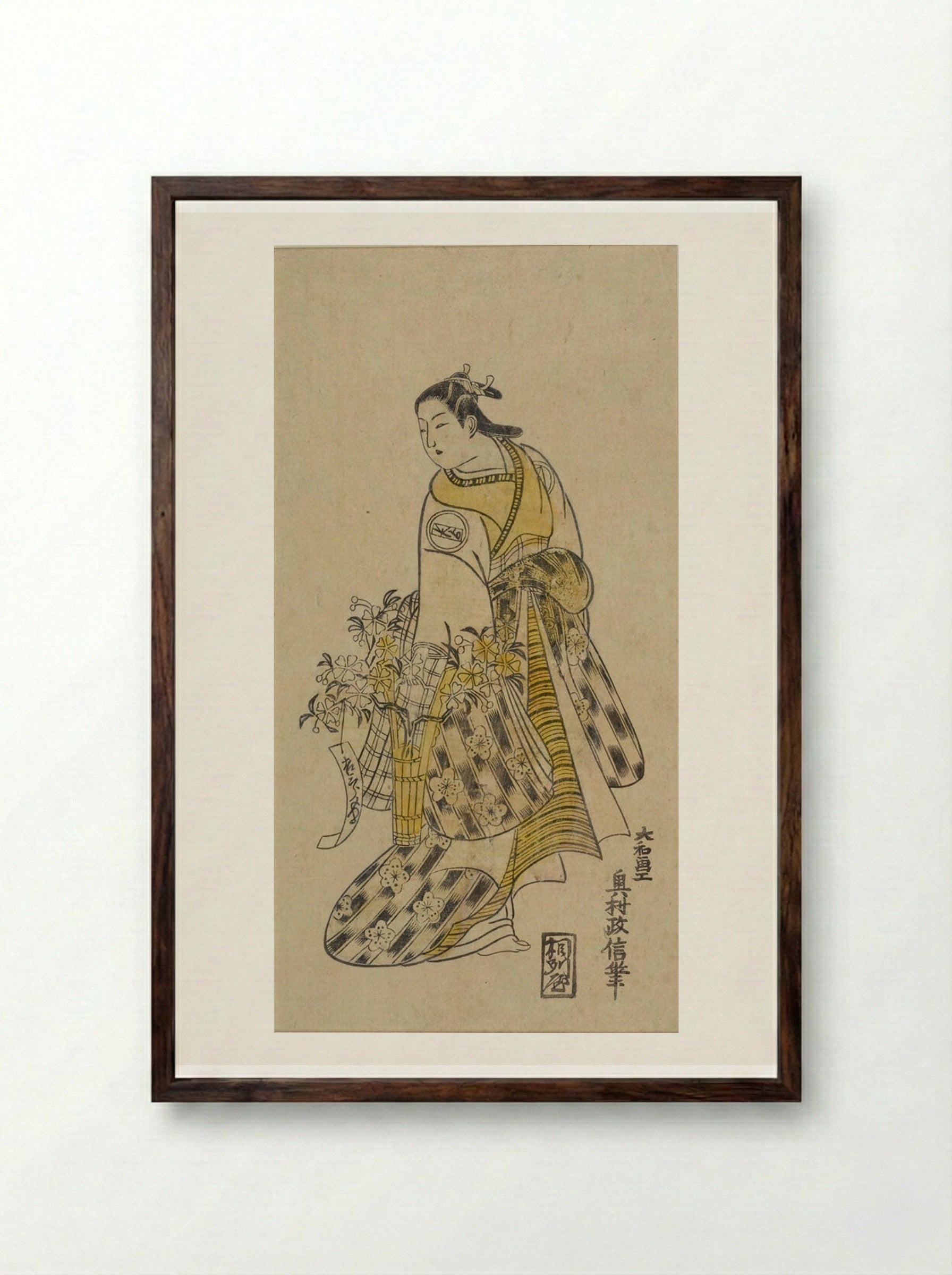 Actor Arashi Kiyosaburo as Yaoya Oshichi - Okumura Masanobu - Framed Print Dark Wood