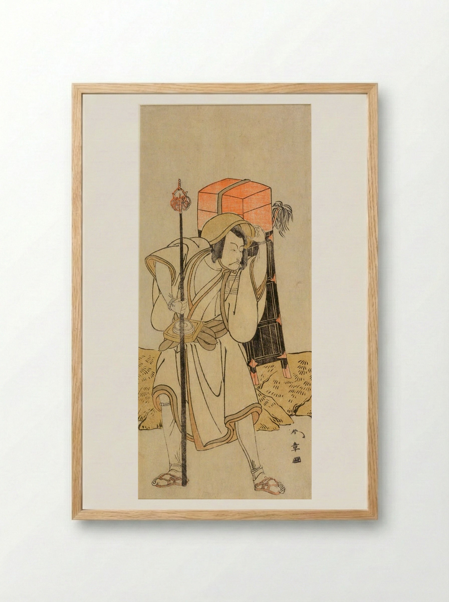 Actor Ichikawa Danjūrō 5th as Moriya no Daijin disguised as Rokujūrokubu - Katsukawa Shunshō - Framed Print Wood