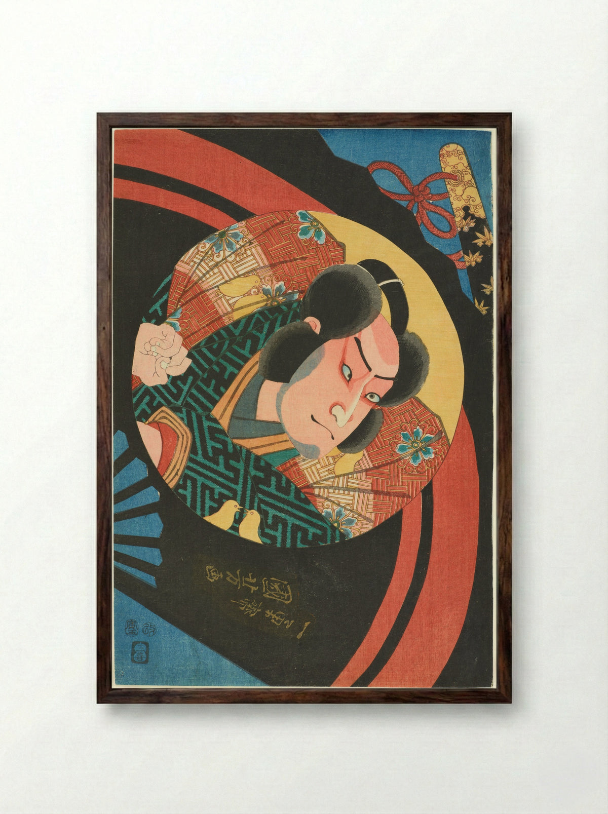 Actor Ichikawa Danjuro VIII as Narihira at Yatsuhashi - Utagawa Kuniyoshi - Framed Print Dark Wood