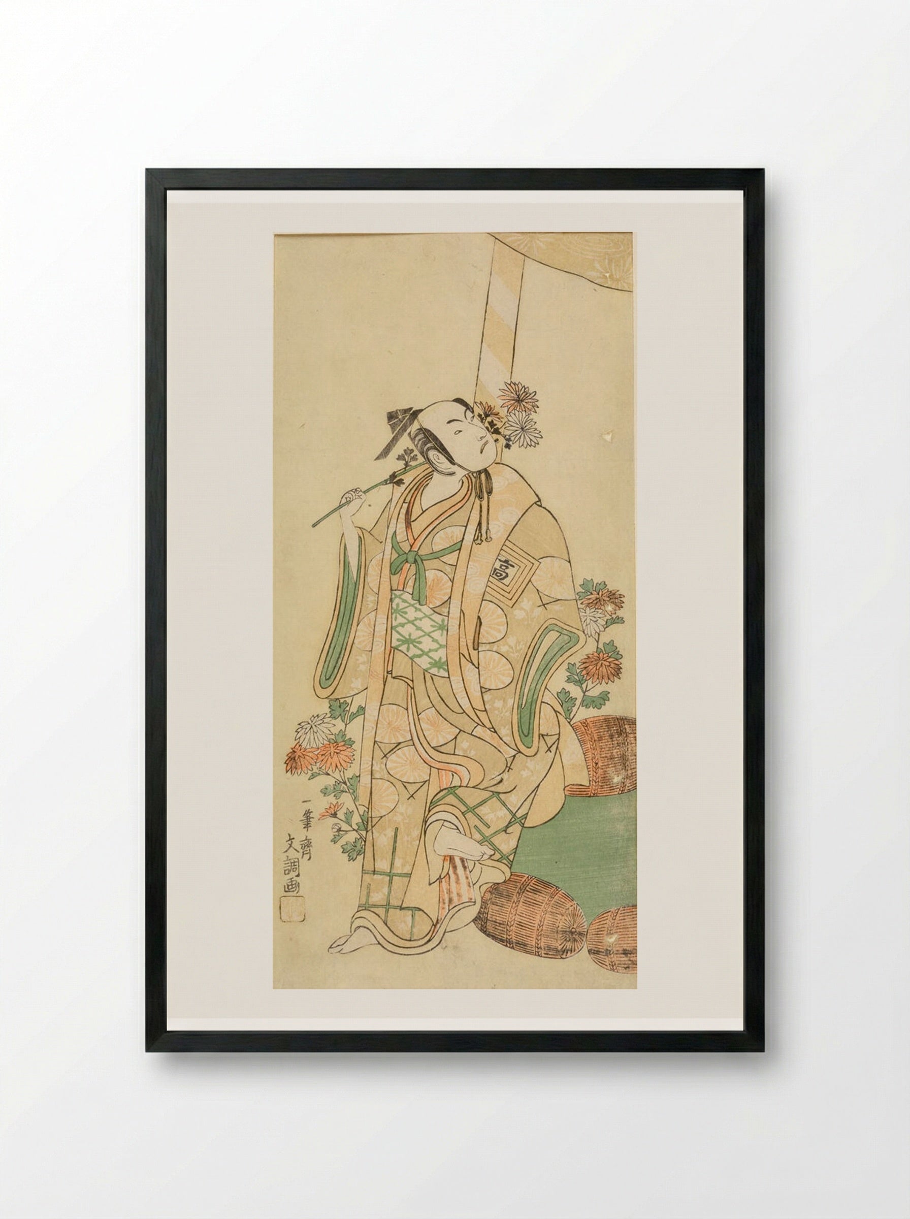Actor Ichikawa Komazō Standing Beside a Shinto Shrine with Chrysanthemums - Ippitsusai Bunchō - Framed Print Black