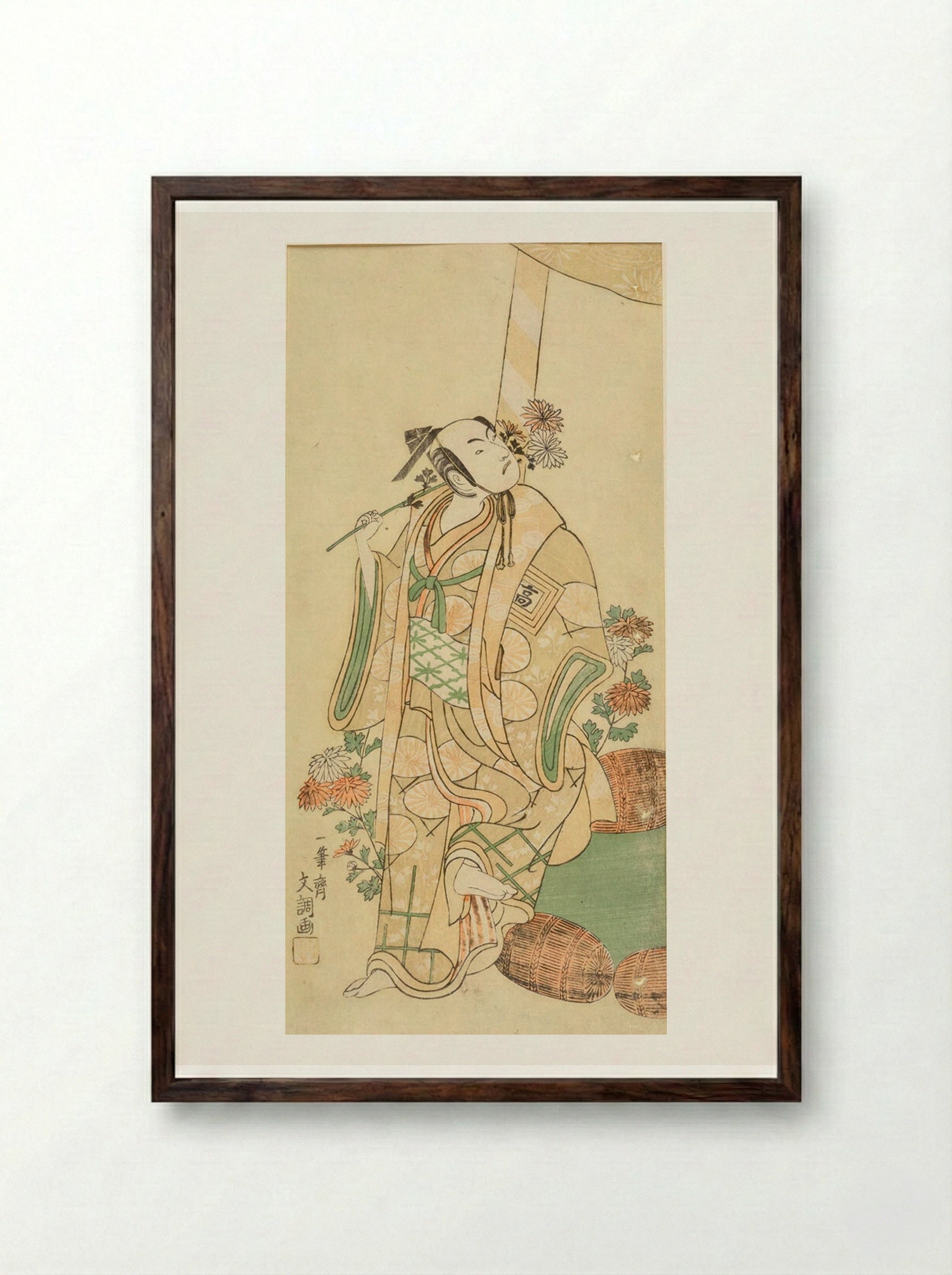 Actor Ichikawa Komazō Standing Beside a Shinto Shrine with Chrysanthemums - Ippitsusai Bunchō - Framed Print Dark Wood