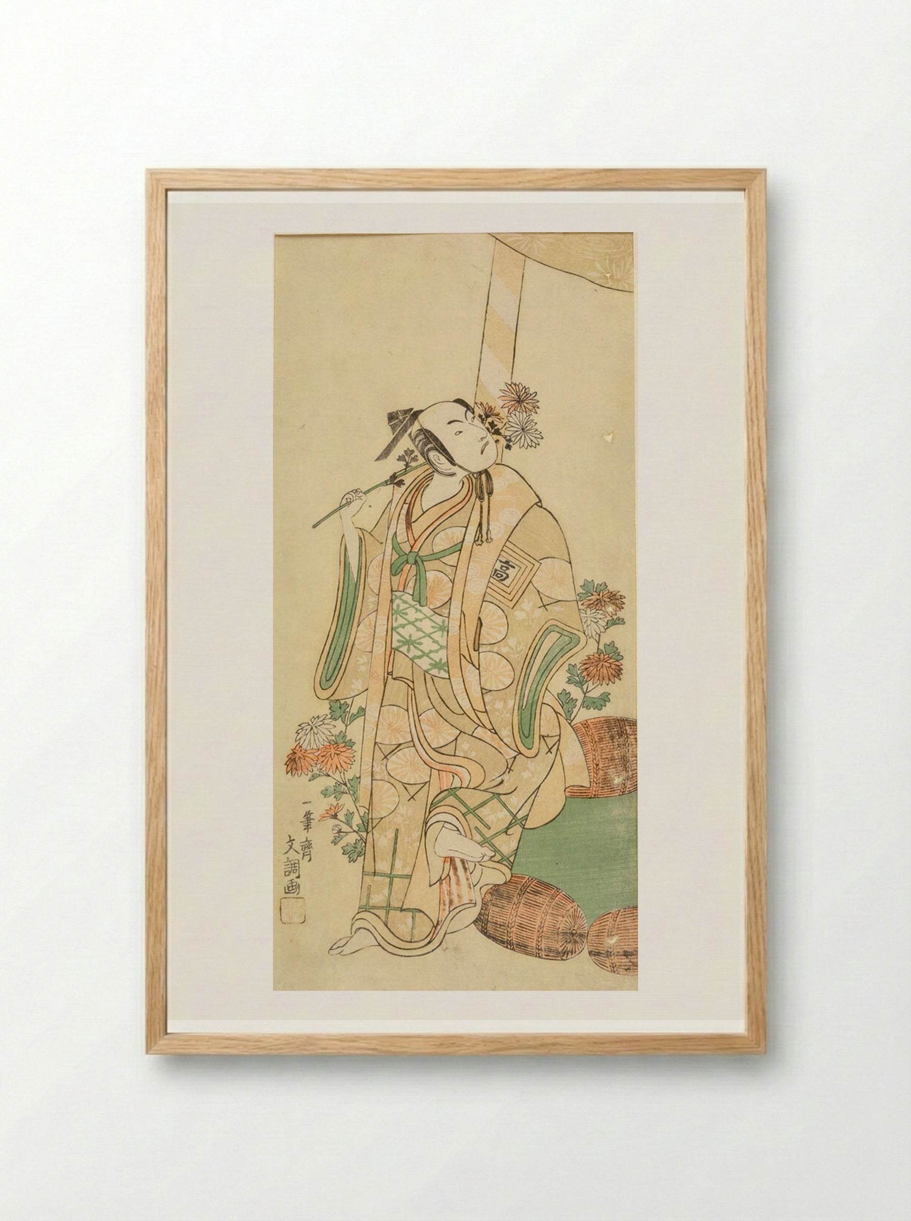 Actor Ichikawa Komazō Standing Beside a Shinto Shrine with Chrysanthemums - Ippitsusai Bunchō - Framed Print Wood
