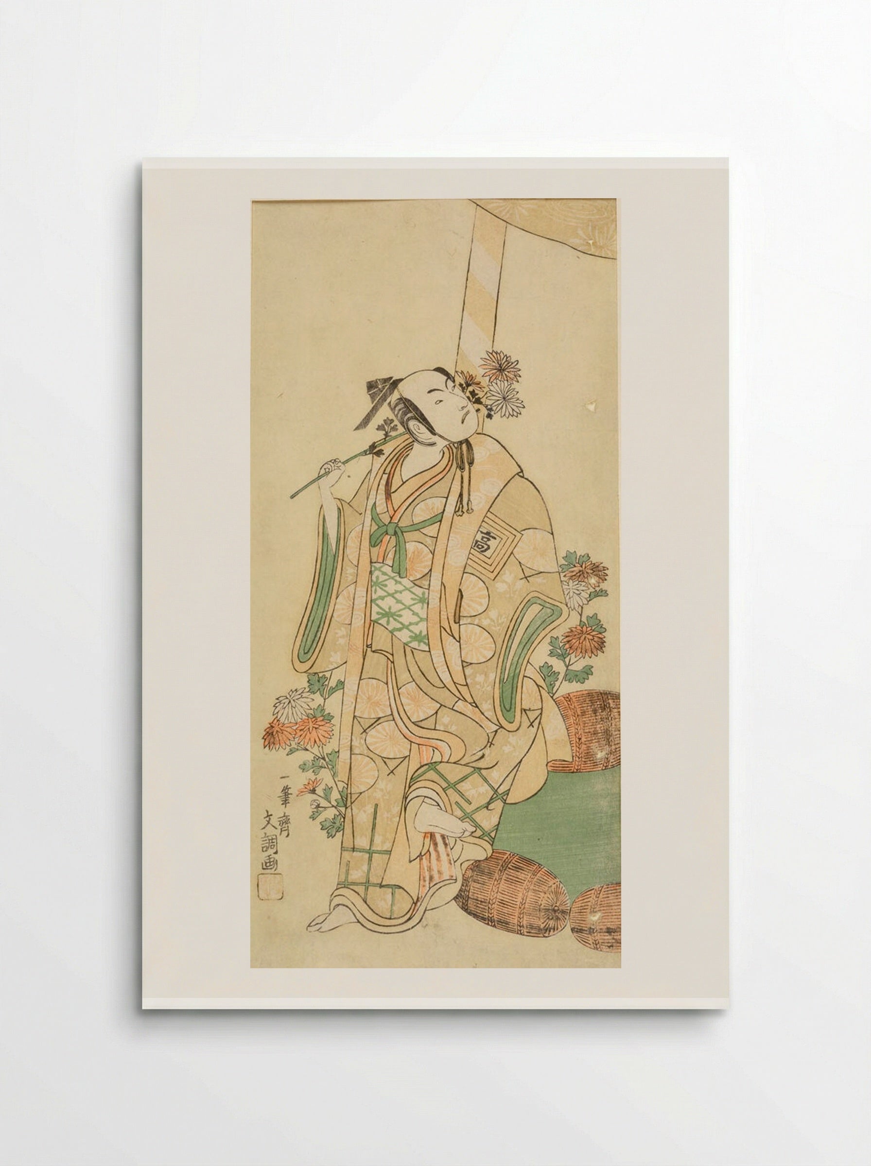 Actor Ichikawa Komazō Standing Beside a Shinto Shrine with Chrysanthemums - Ippitsusai Bunchō - Poster