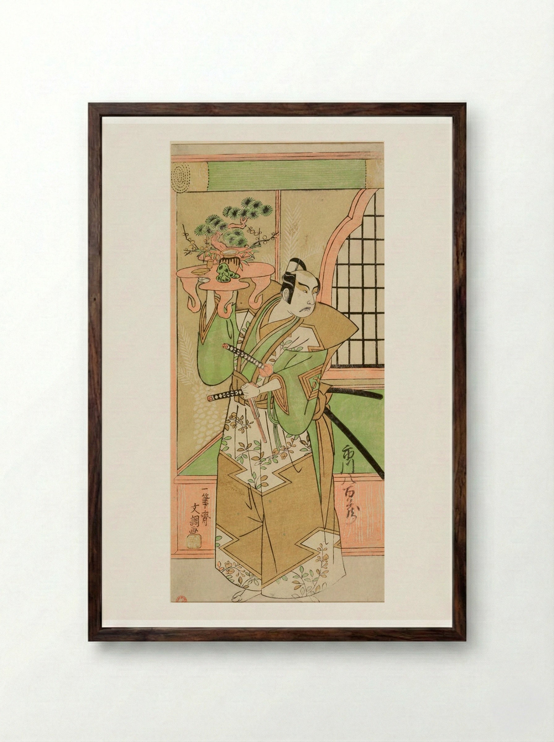 Actor Ichikawa Yaozō 2nd in Pre-Performance Celebration - Ippitsusai Bunchō - Framed Print Dark Wood