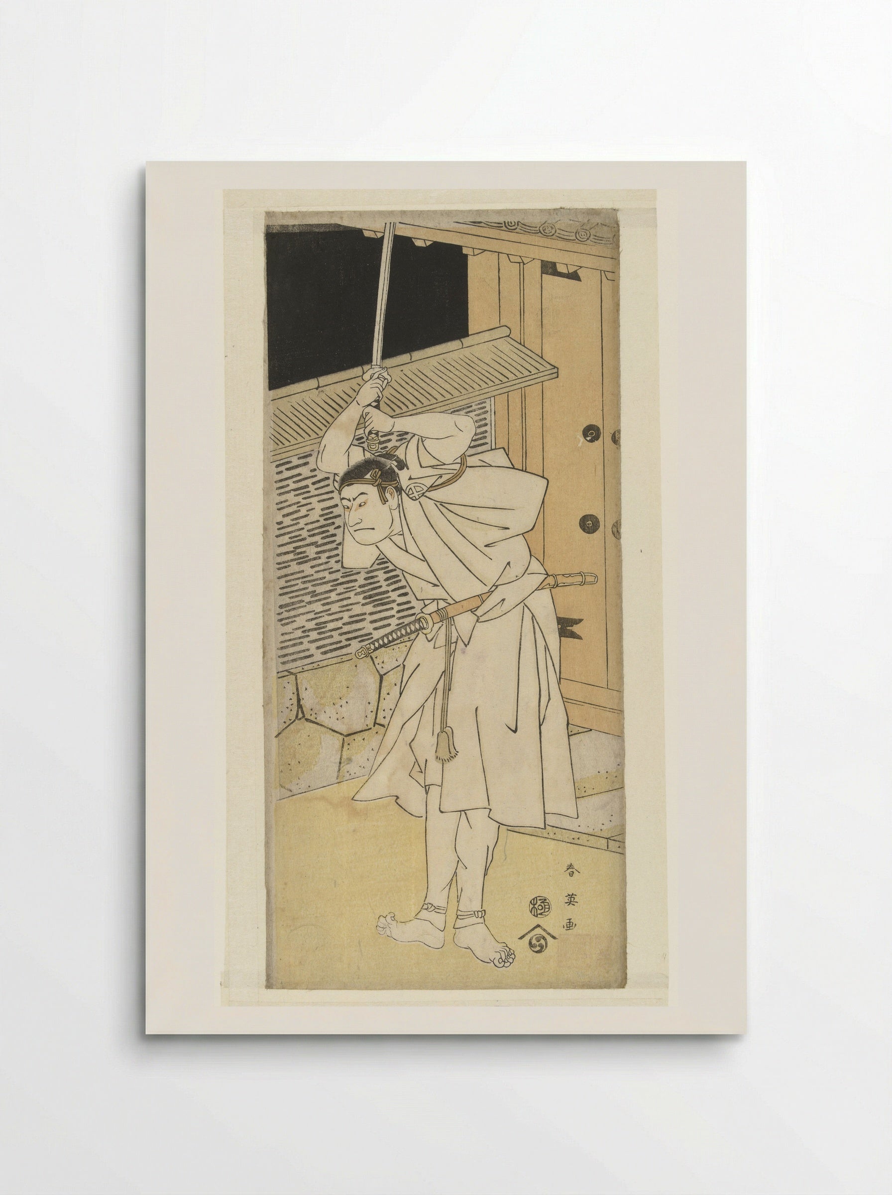 Actor Otani Oniji with Raised Sword at a Gate at Night - Katsukawa Shun'ei - Poster
