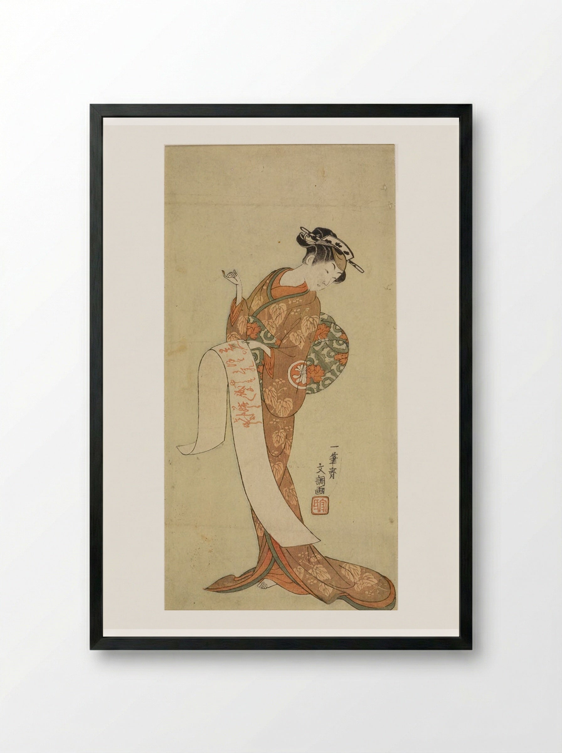 Actor Segawa Kikujirō as Holding a Calligraphic Handscroll - Ippitsusai Bunchō - Framed Print Black