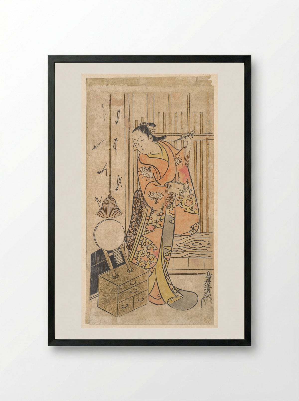 Actor as a Woman Standing by a Mirror Stand - Torii Kiyotada - Framed Print Black