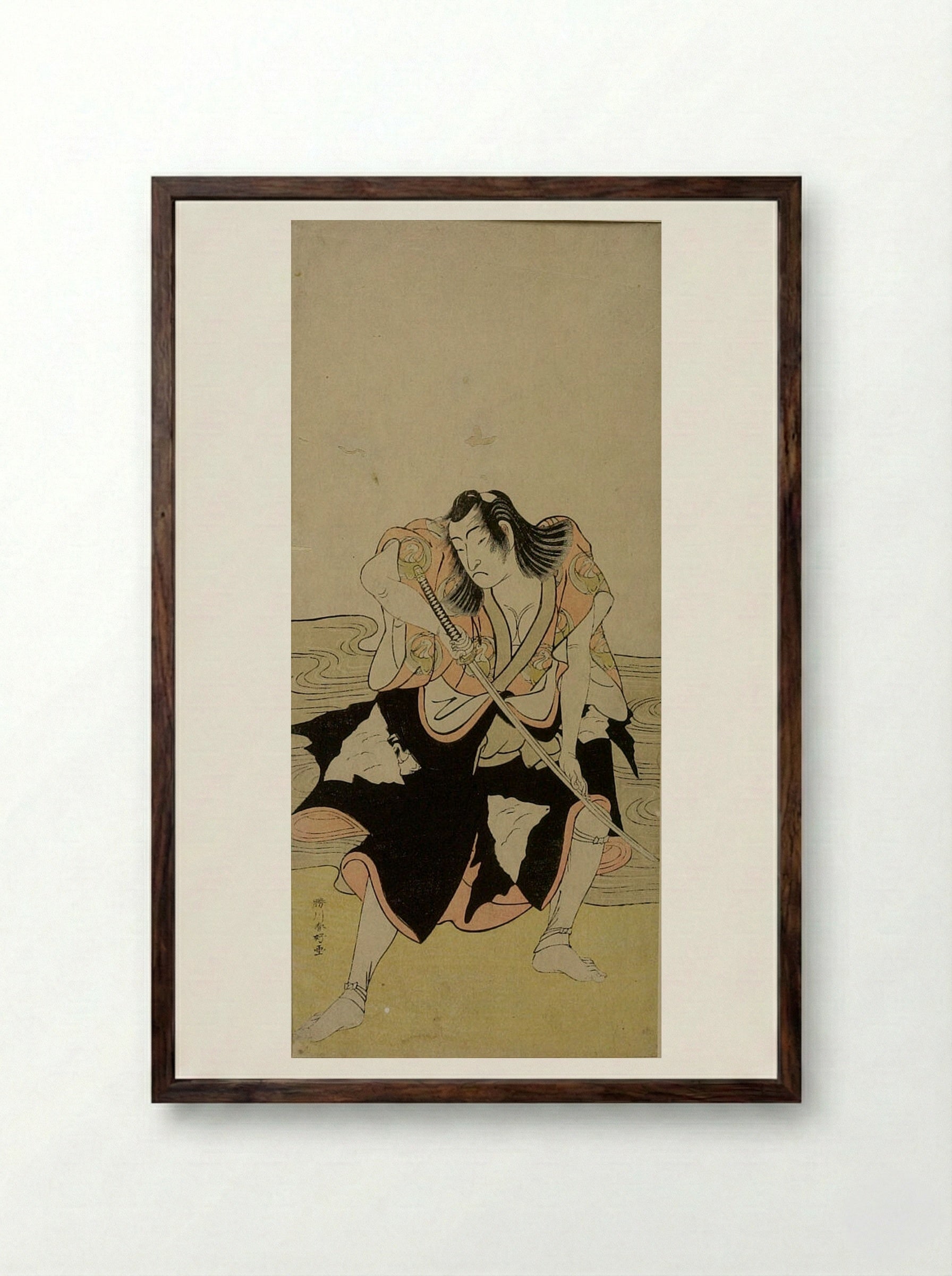 Actor in the Role of Samurai Brandishing Sword - Katsukawa Shunkō - Framed Print Dark Wood