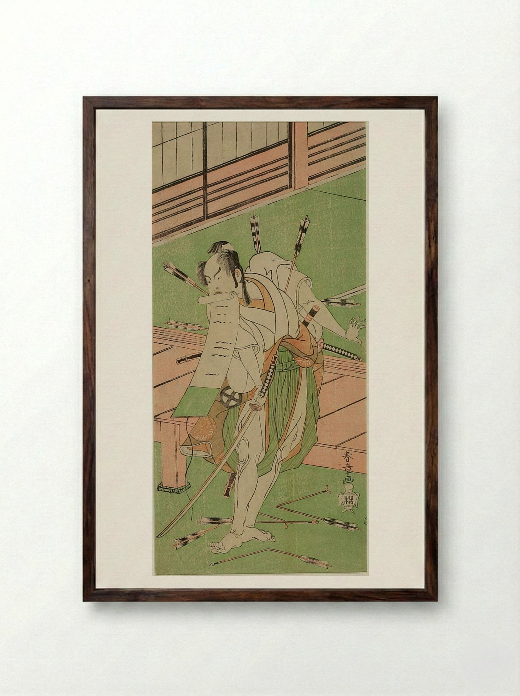 Actor ōtani Hiroji 3rd as a White Fox disguised as Ukishima Daihachi - Katsukawa Shunshō - Framed Print Dark Wood