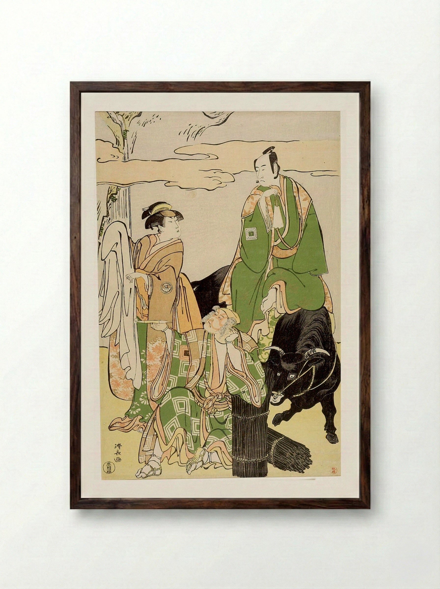 Actors Ichikawa Danjūrō 5th, Segawa Kikujirō and Ichikawa Monnosuke - Torii Kiyonaga - Framed Print Dark Wood