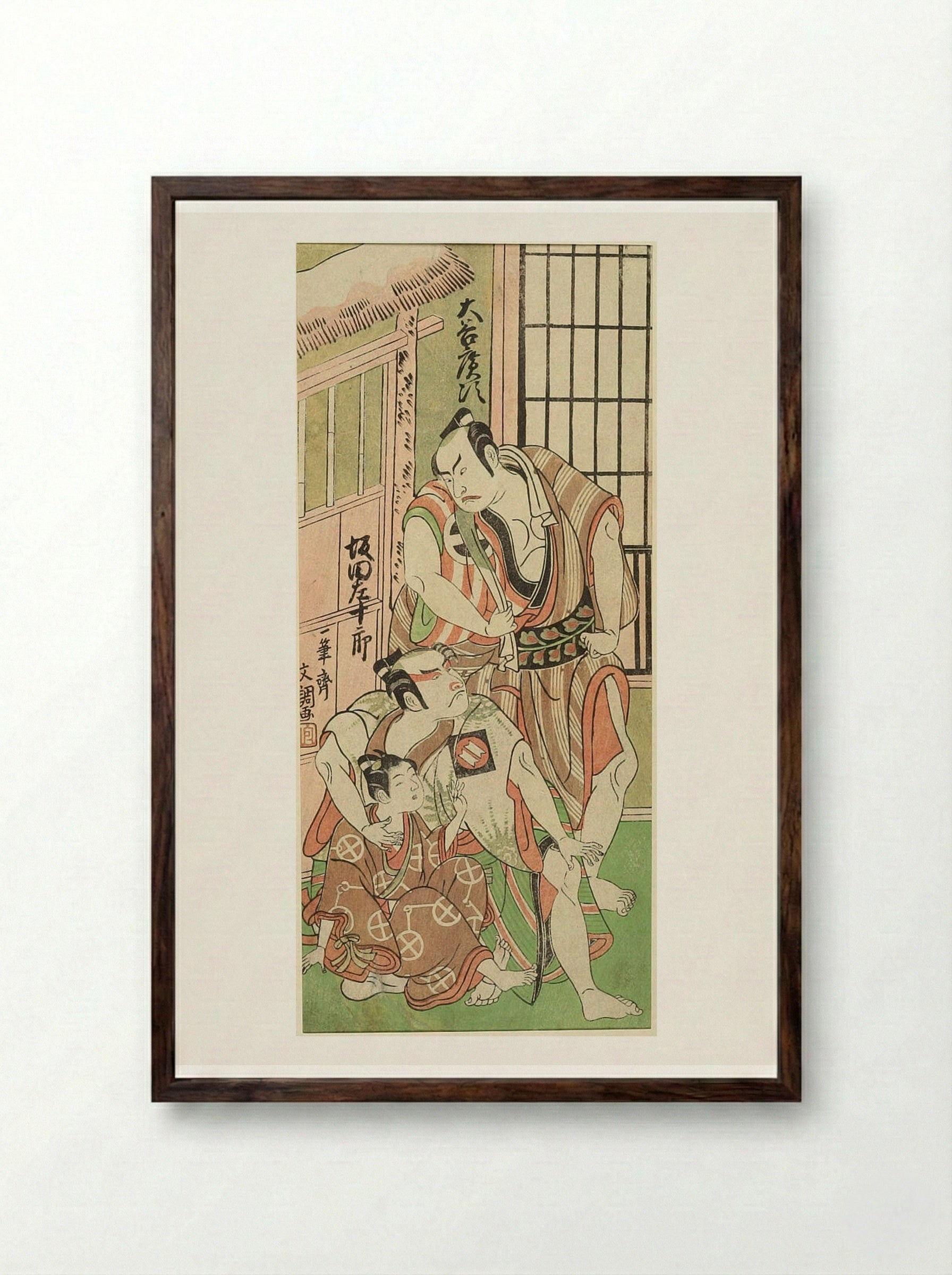 Actors Ōtani Hiroji III and Sakata Sajūrō as Wrestlers with a Boy - Ippitsusai Bunchō - Framed Print Dark Wood