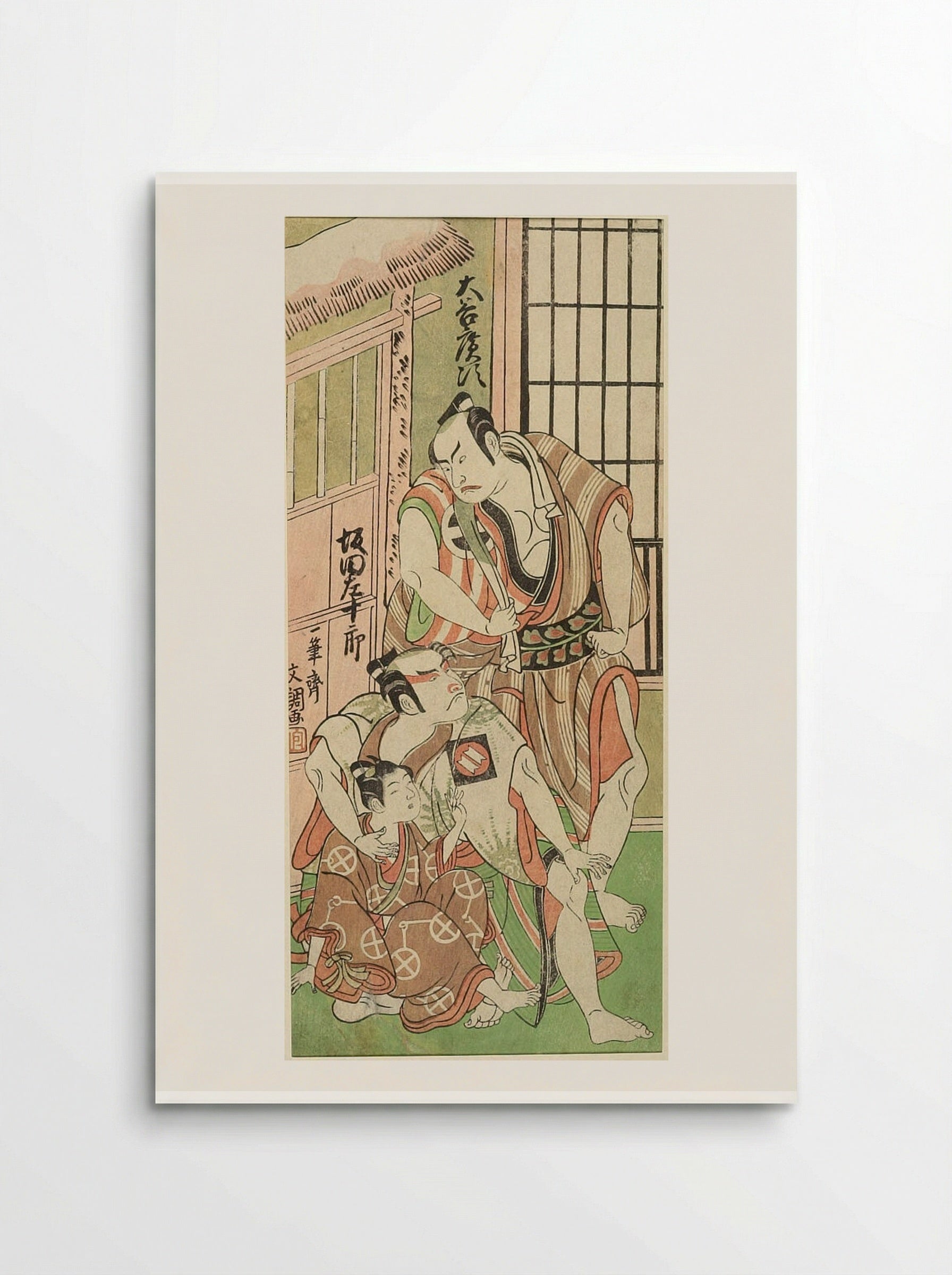Actors Ōtani Hiroji III and Sakata Sajūrō as Wrestlers with a Boy - Ippitsusai Bunchō - Poster