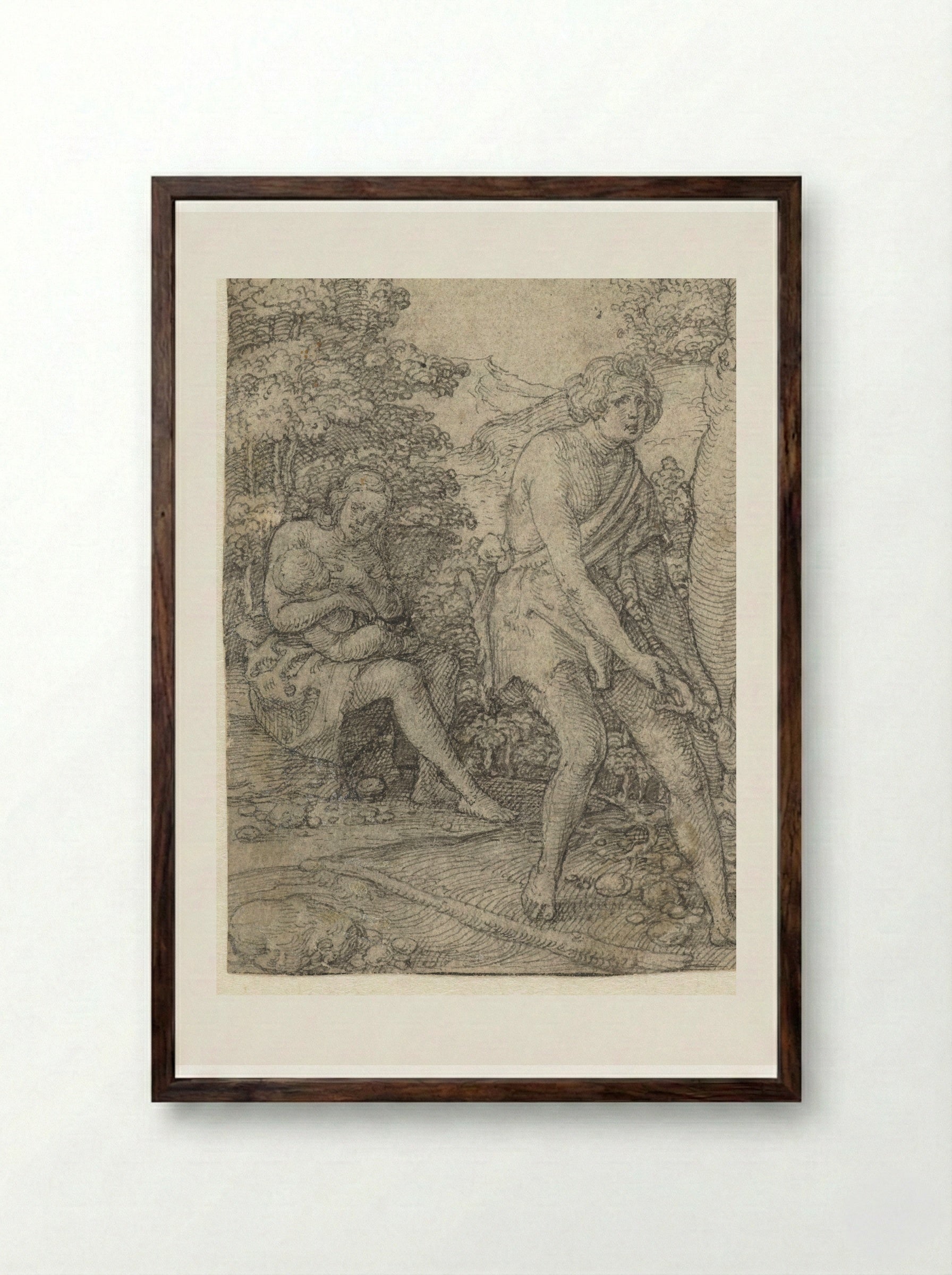 Adam Tilling the Earth, Eve Nursing their Child - Heinrich Aldegrever - Framed Print Dark Wood