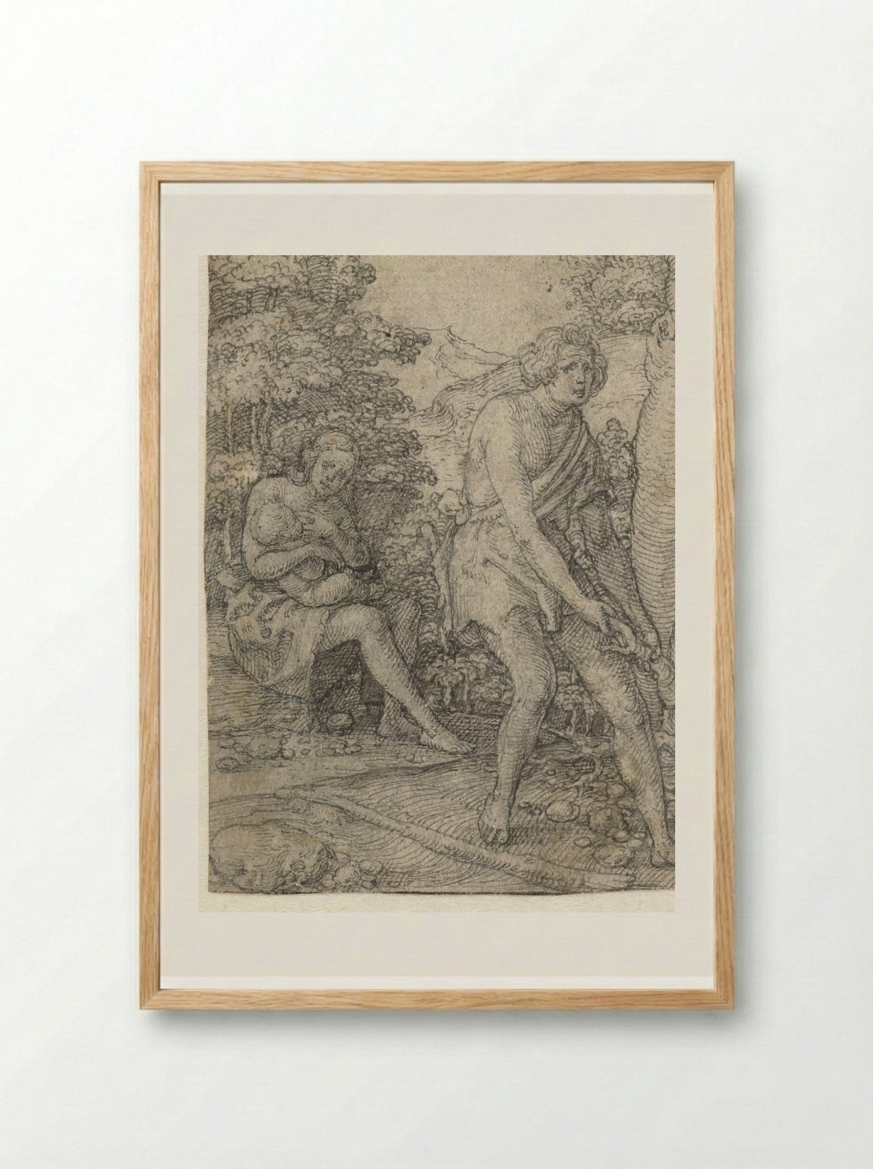 Adam Tilling the Earth, Eve Nursing their Child - Heinrich Aldegrever - Framed Print Wood
