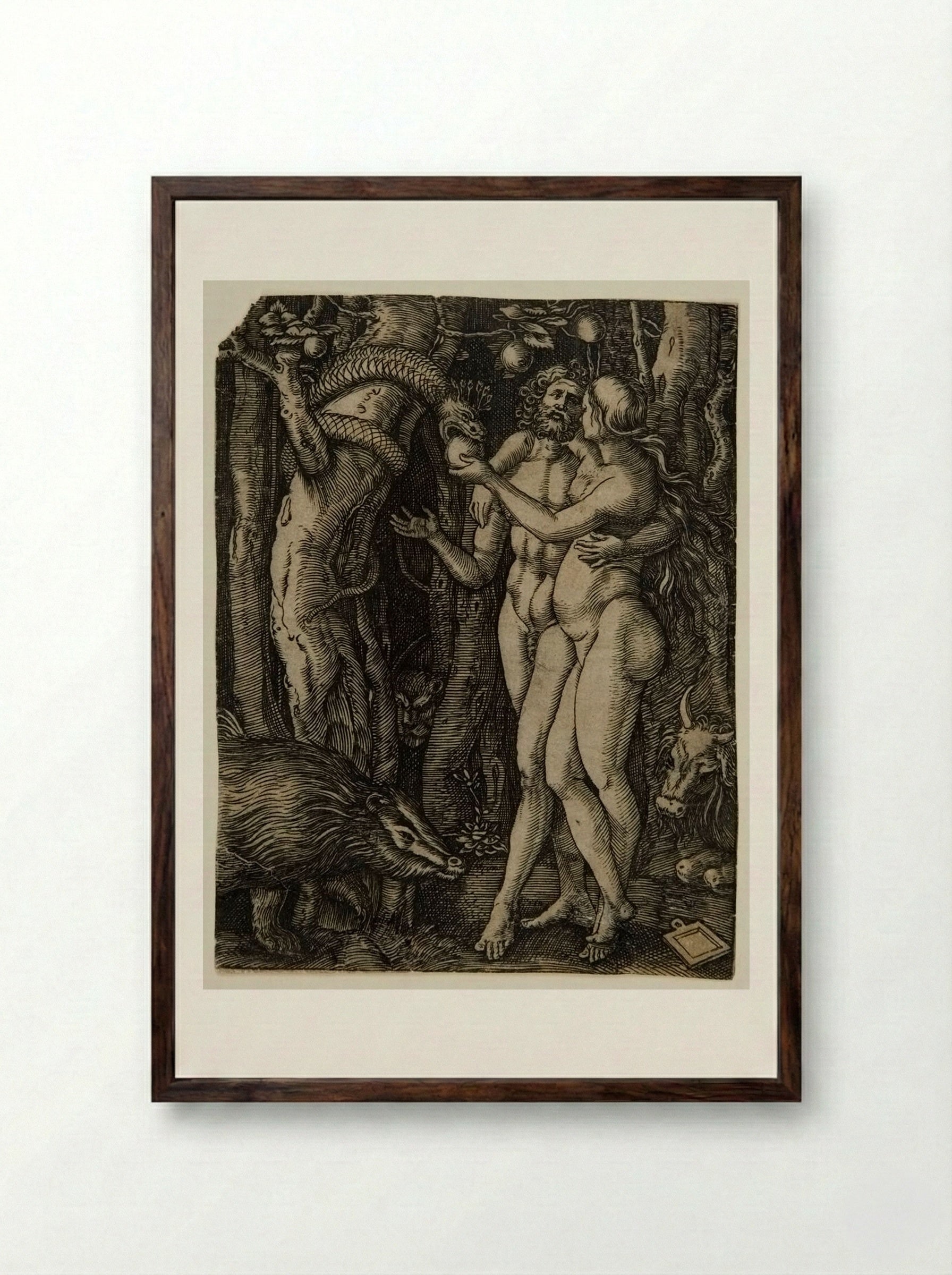 Adam and Eve Taking the Apple from the Serpent - Marcantonio Raimondi - Framed Print Dark Wood