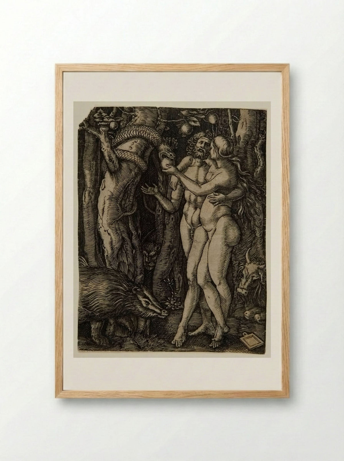 Adam and Eve Taking the Apple from the Serpent - Marcantonio Raimondi - Framed Print Wood