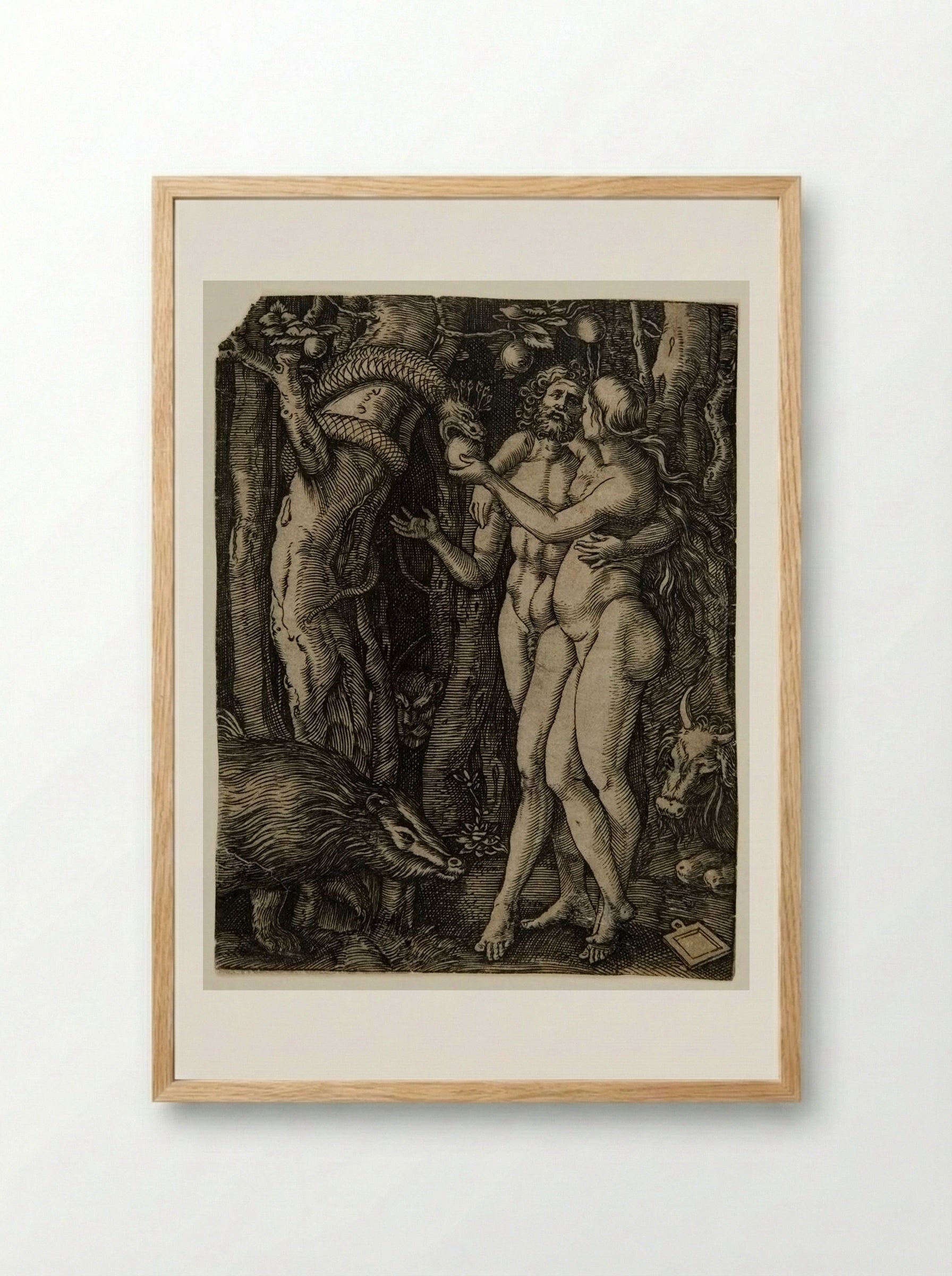 Adam and Eve Taking the Apple from the Serpent - Marcantonio Raimondi - Framed Print Wood