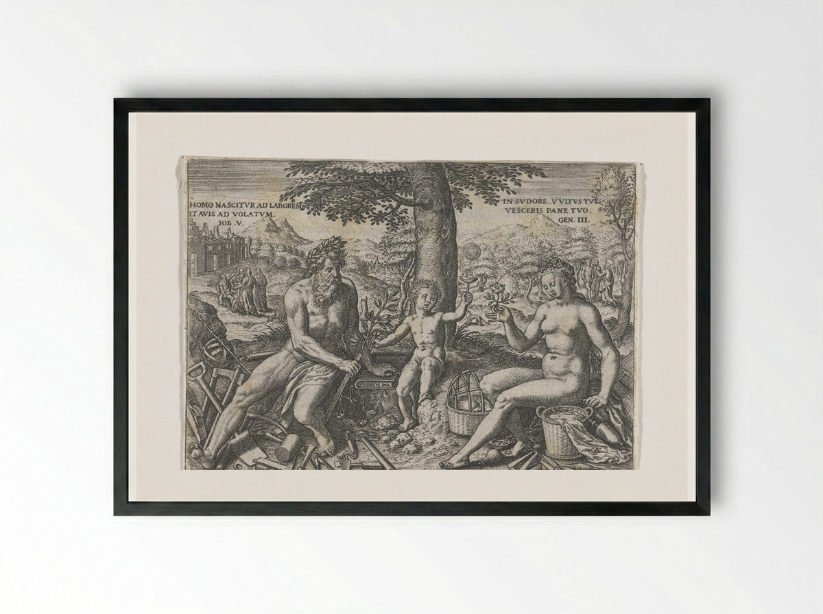 Adam and Eve with the Infant Cain - Theodor de Bry - Framed Print Black