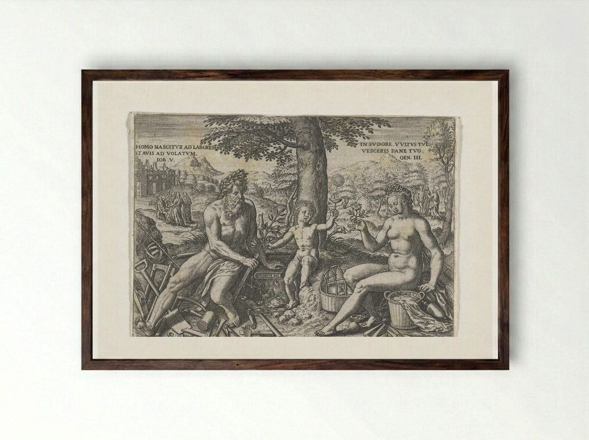 Adam and Eve with the Infant Cain - Theodor de Bry - Framed Print Dark Wood