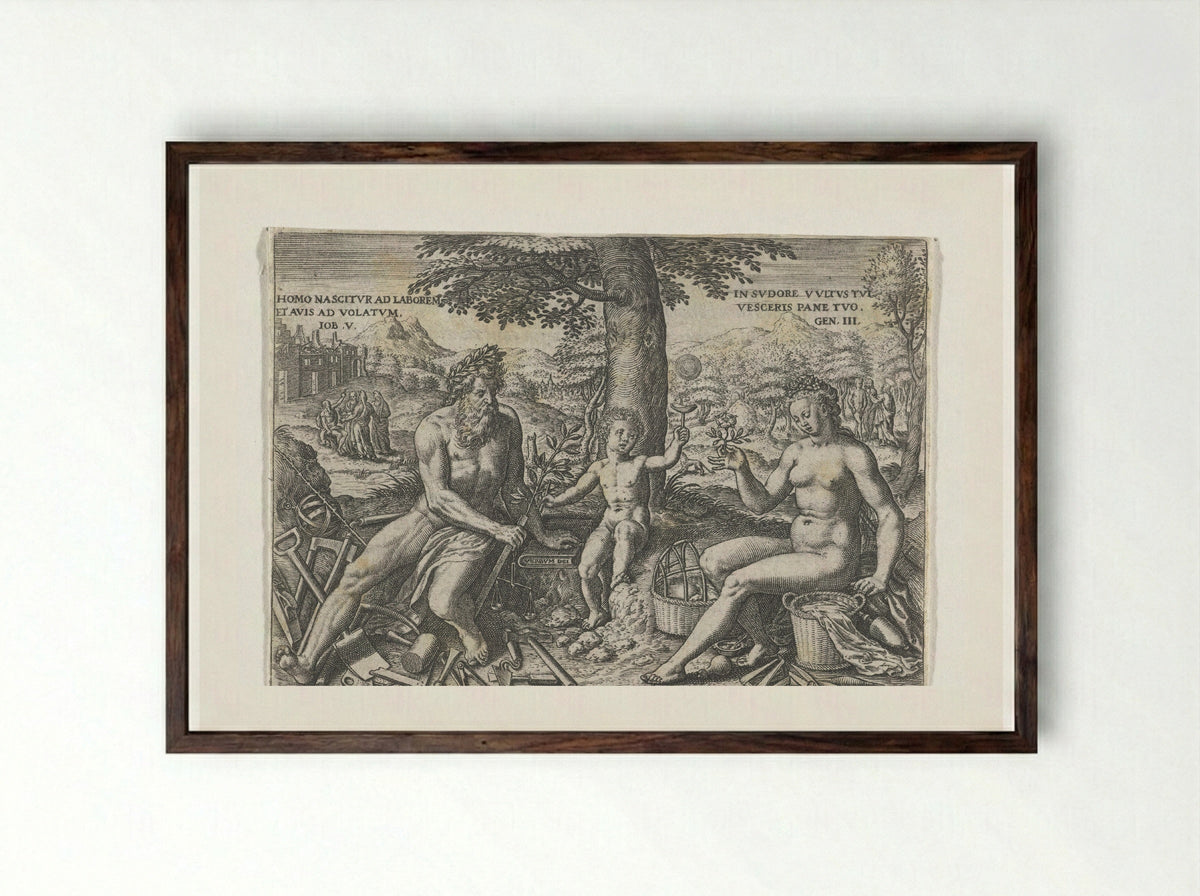 Adam and Eve with the Infant Cain - Theodor de Bry - Framed Print Dark Wood