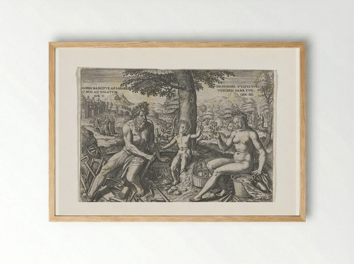 Adam and Eve with the Infant Cain - Theodor de Bry - Framed Print Wood