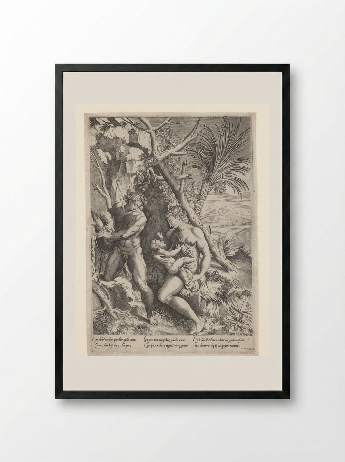 Adam and Eve with their Child - Girolamo Fagiuoli - Framed Print Black