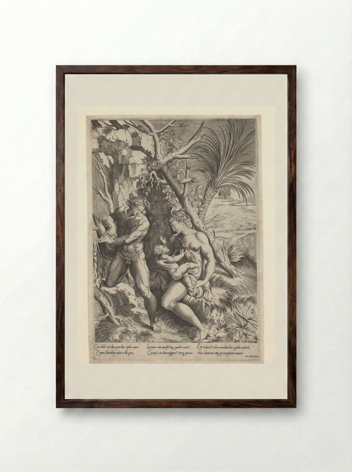 Adam and Eve with their Child - Girolamo Fagiuoli - Framed Print Dark Wood
