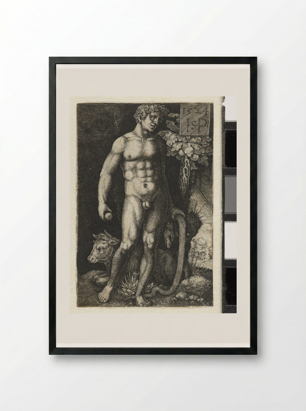 Adam with the Serpent and a Recumbent Bull - Hans Sebald Beham - Framed Print Black