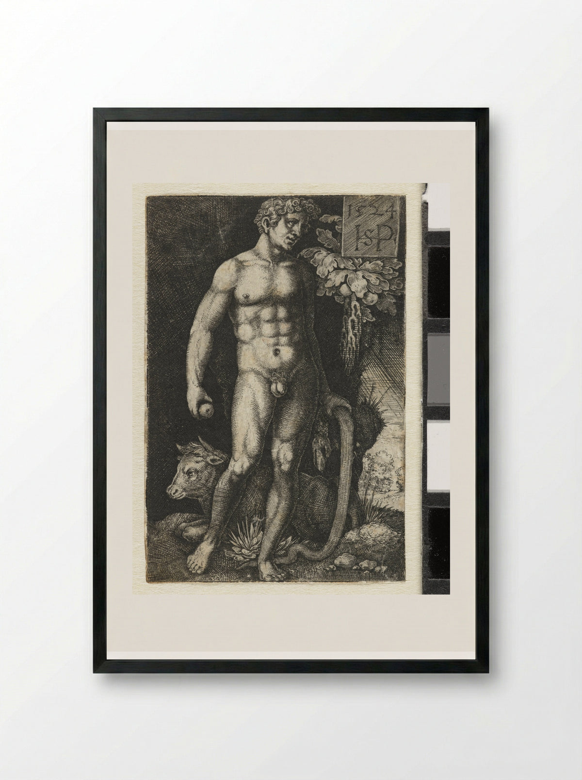 Adam with the Serpent and a Recumbent Bull - Hans Sebald Beham - Framed Print Black