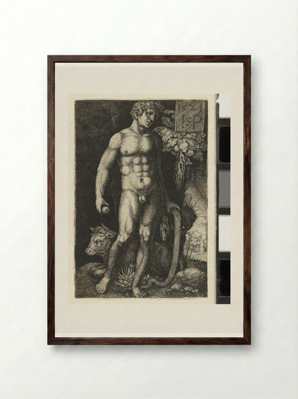 Adam with the Serpent and a Recumbent Bull - Hans Sebald Beham - Framed Print Dark Wood